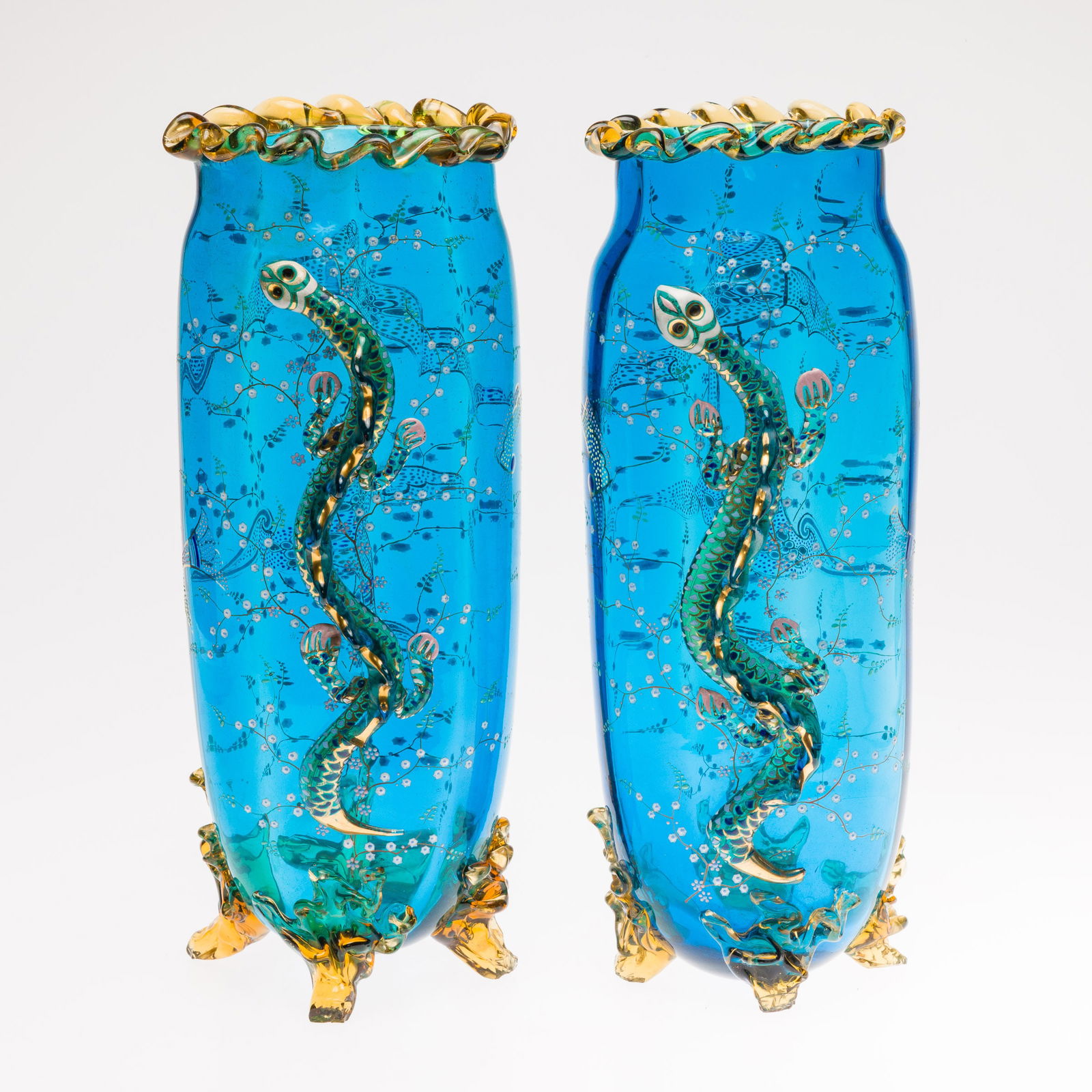 Pr Turquoise Art Glass Vases, Probably Auguste Jean (1 of 17)