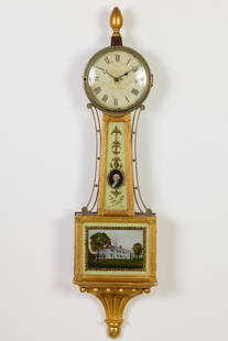 American Banjo Clock Signed Aaron Willard: Property from a Hilton Head Island Estate, SC  Description:  American Banjo Clock Signed Aaron Willard, with later eglomise panels, on a bracket base. Measurements: Height: 40 in.