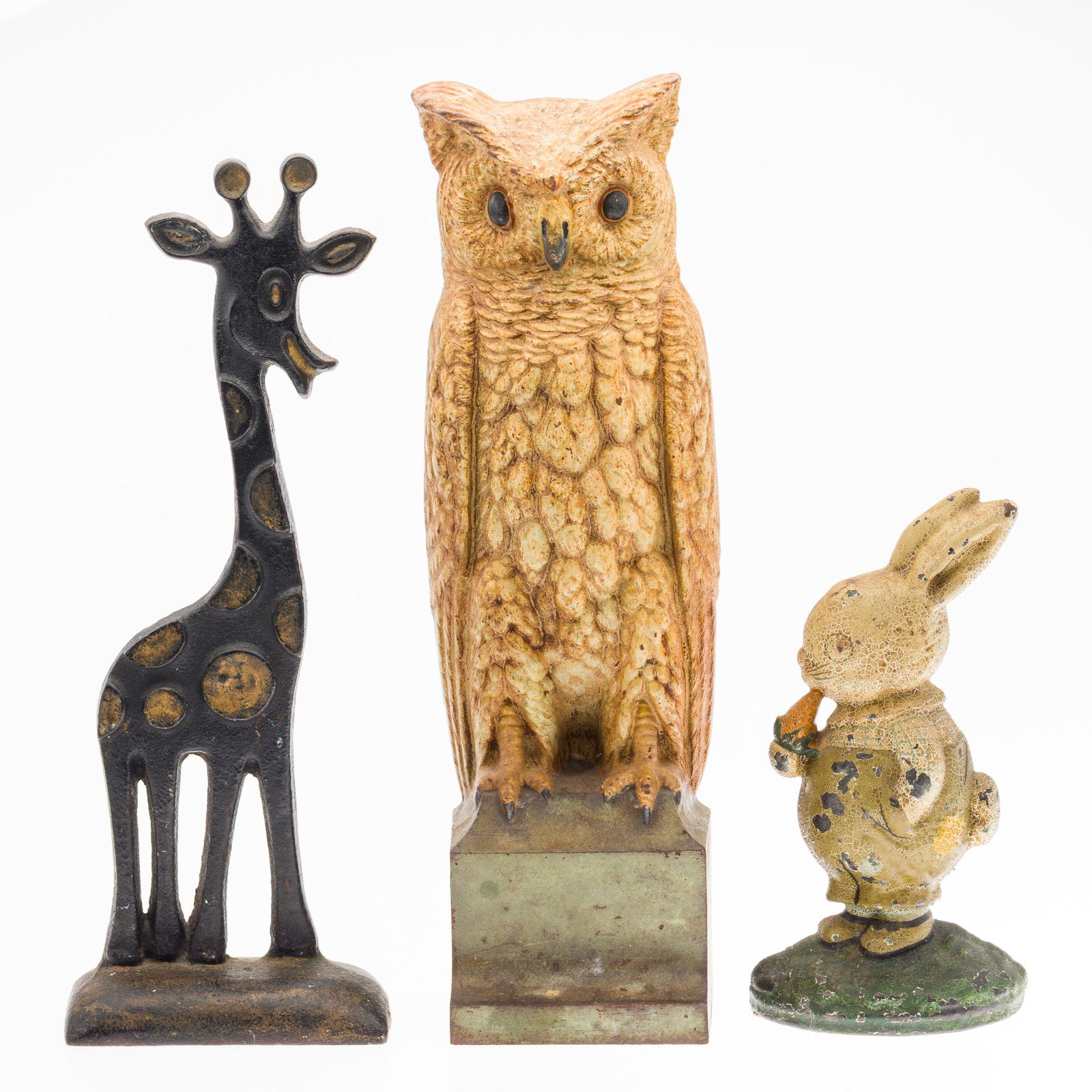 3 Cast Iron Door Stops, Incl. Bradley & Hubbard: Property of a Private Collector, Savannah, GA Description: 3 Cast Iron Door Stops, Incl. Bradley & Hubbard, comprising a Bradley & Hubbard Owl door stop (numbered on the back, and marked B&H), a 1
