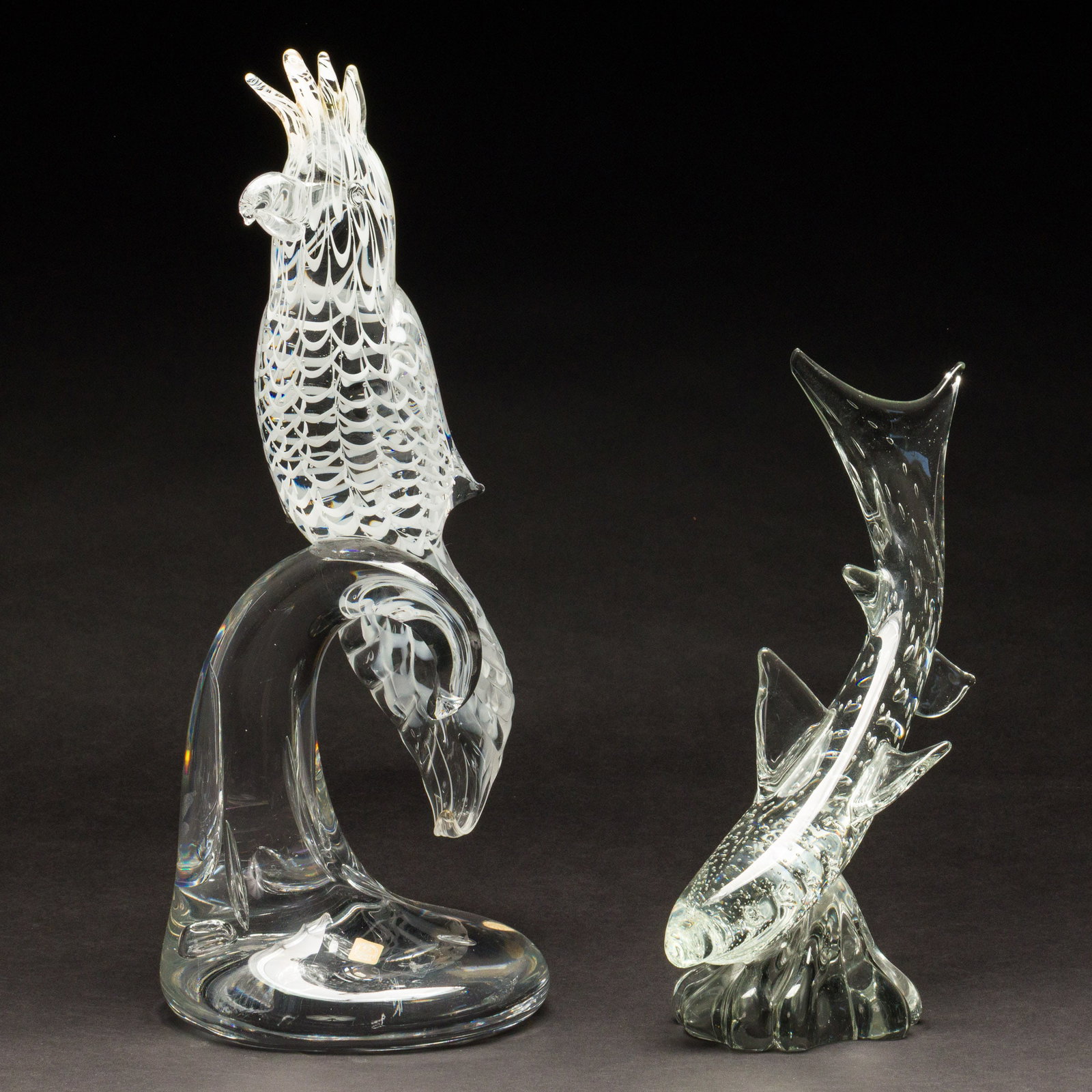 Murano Zanetti Glass Cockatiel and a Shark: Property from the Betty Ann Mandus-Lane Revocable Trust, Port Orange, FL Description: Murano Zanetti Glass Cockatiel and a Shark, comprising a Murano glass cockatiel on swirling branch, with 'Zane
