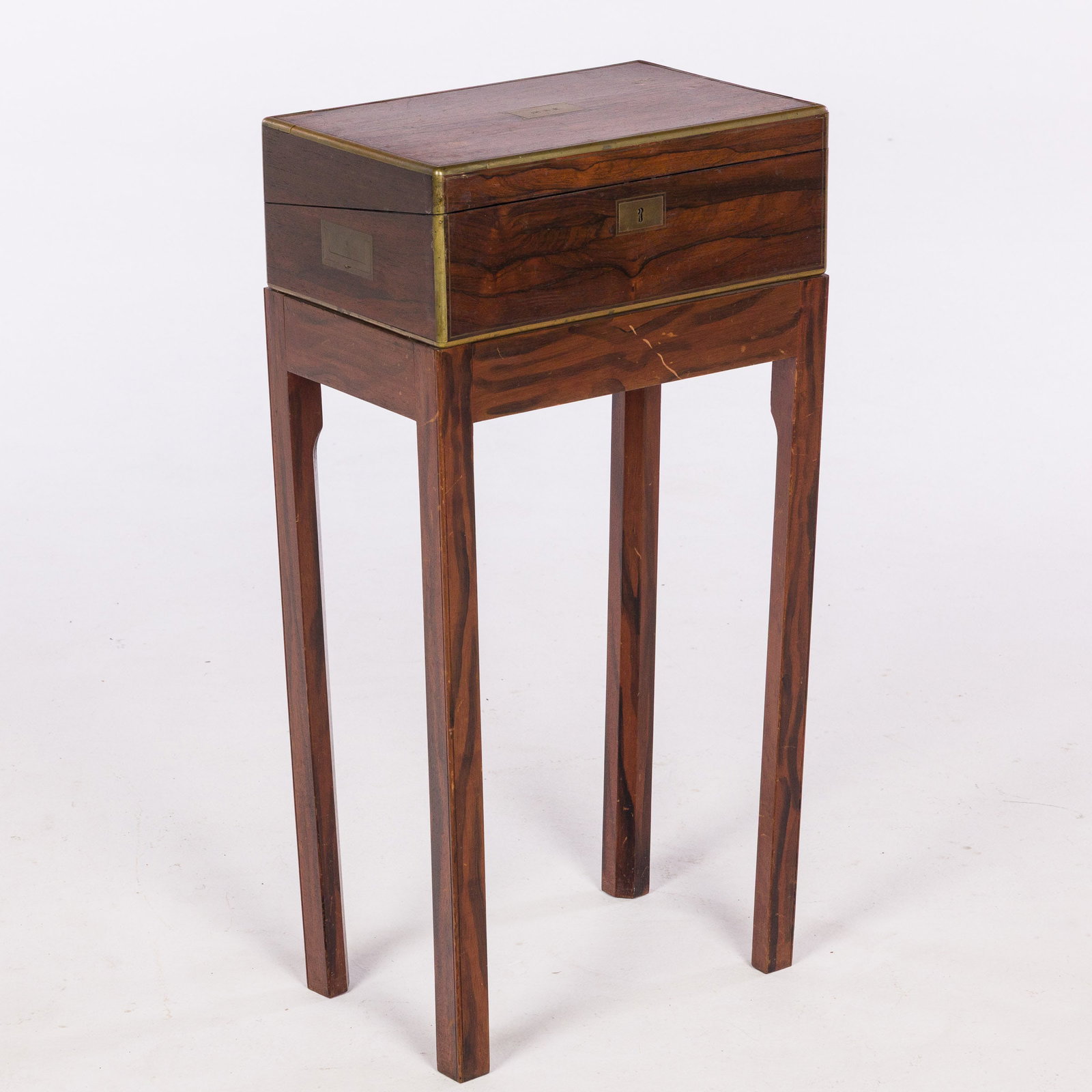 English Rosewood Writing Box on Stand, 19th C: Property of a Private Collector, Savannah, GA Description: English Rosewood Writing Box on Stand, 19th C, with initialed brass plaque and brass mounts opening to a felt lined writing surface, on a