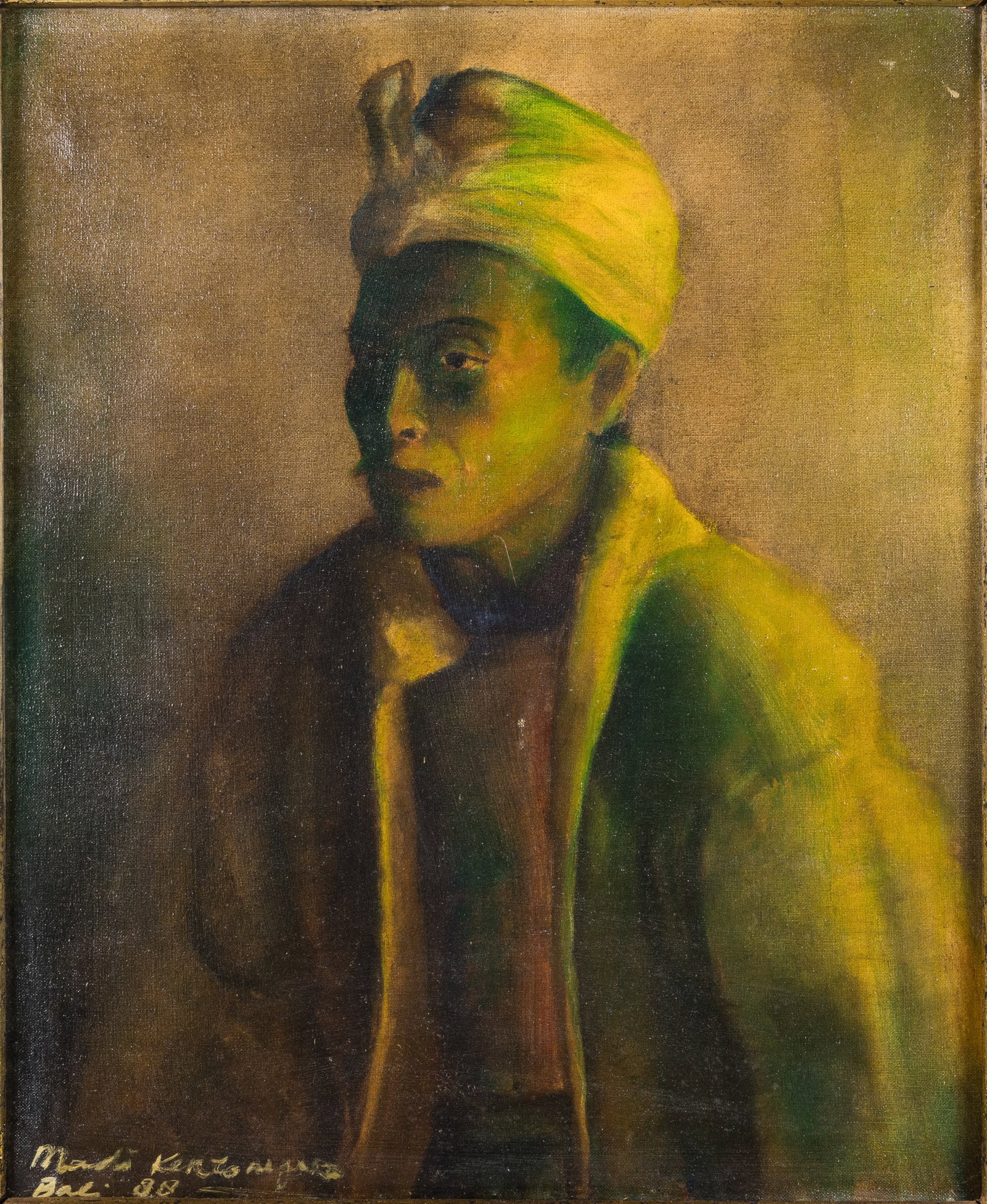 Illegibly Signed, Portrait of a Man, O/C: Description: Illegibly Signed, Portrait of a Man, Oil on Canvas in a Carved Wood Frame, illegibly signed, inscribed 'Bali' and dated '88' lower left, depicting a portrait of a man with turban, in