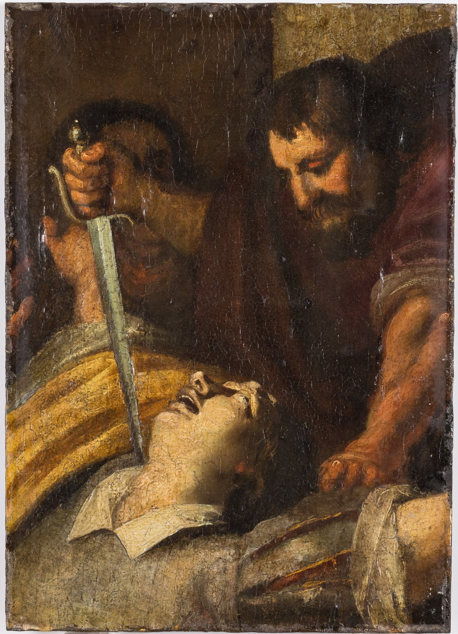 Unsigned, Figure Stabbing Another, Oil on Board: Property from the Betty Ann Mandus-Lane Revocable Trust, Port Orange, FL Description: Unsigned, Figure Stabbing Another, Oil on Board, unsigned, depicting a bearded figure holding a dagger over an