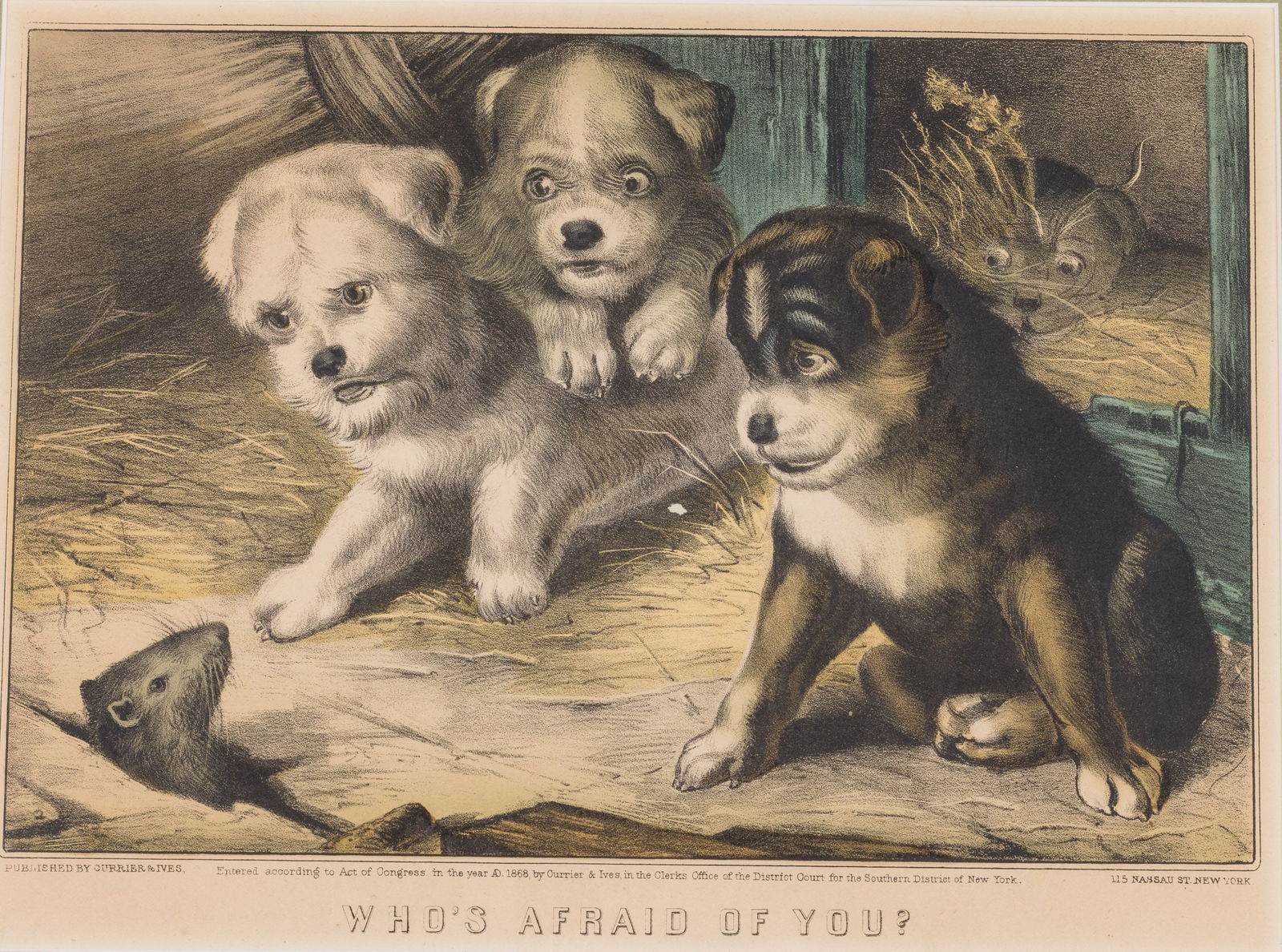 Currier & Ives, Who's Afraid of You? Engraving: Property of a Private Collector, Richmond Hill, GA Description: Currier & Ives, Who's Afraid of You? Engraving, depicting four puppies frightened by a rat peaking out from a hole in the floor, cap