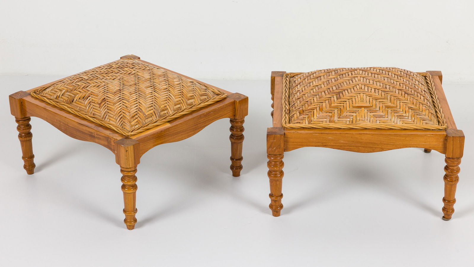 Pair of Hardwood and Rattan Footstools, 20th C (1 of 11)