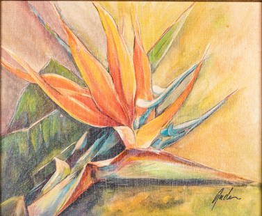 Judeen, Bird of Paradise, Giclee Print: Description: Judeen, Bird of Paradise, Giclee Print, signed lower right, depicting a bird of paradise flower, in a giltwood frame. Frame size: 16 1/4 in. x 18 1/4 in. Measurements: