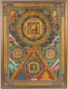 Tibetan Thangka: Description: Tibetan Thangka, decorated with buddha figures in mandala and floral motifs, in a painted wood frame. Frame size: 53 1/2 in. x 40 3/4 in. Measurements: Height: by