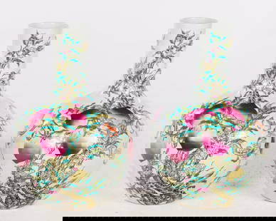 Pair of Large Chinese Famille Rose Vases: Description: Pair of Large Chinese Famille Rose Vases, a pair of vases decorated with peaches, flowering branches, and bats, inscribed in black under necks, marked in blue on undersides.