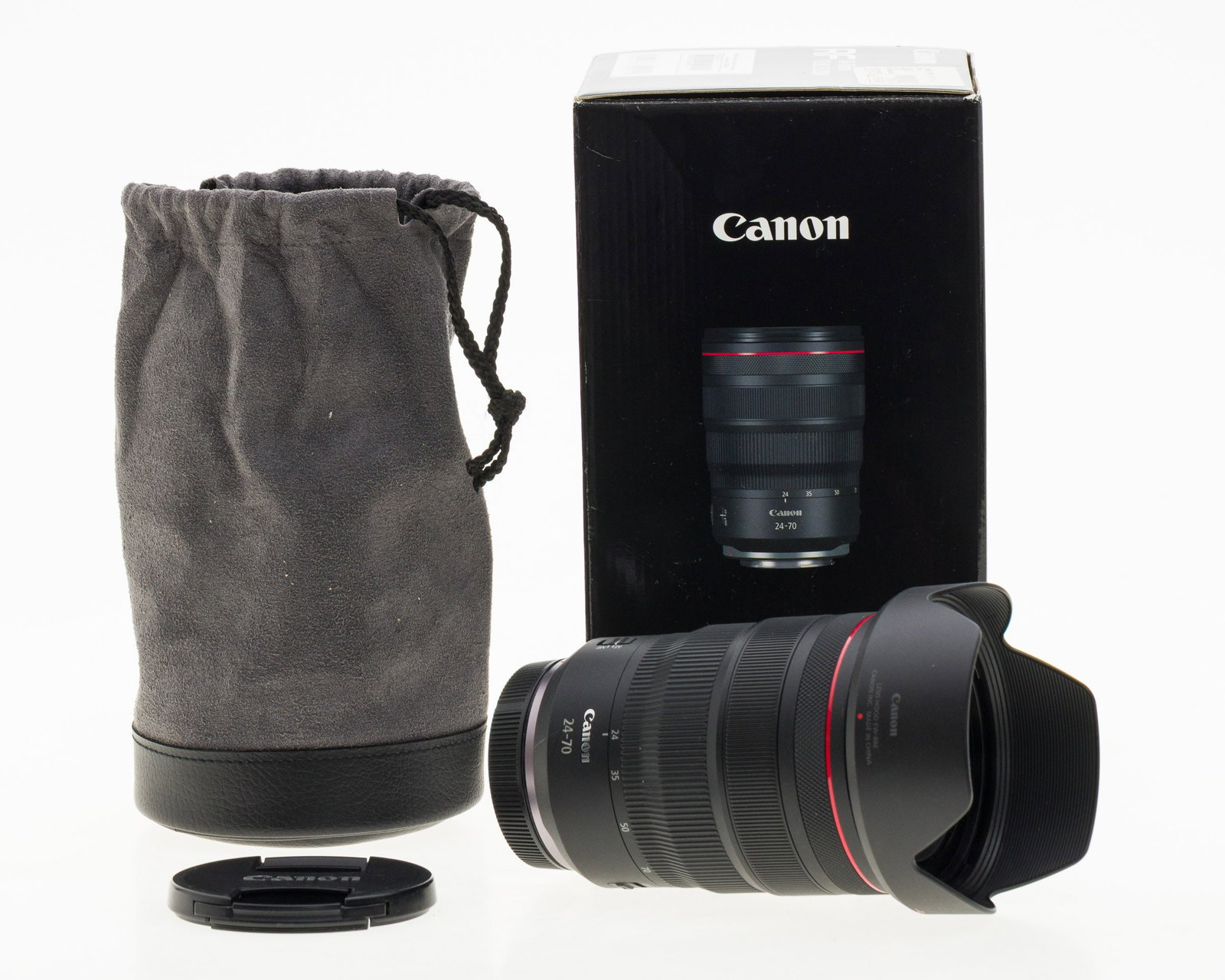 Canon RF 24-70mm f2.8 L IS USM: Description: Canon RF 24-70mm f2.8 L IS USM, SN 0924001982, with lens hood EW-88E, box and bag. Measurements: Height: 5 1/2 in. x Width: 3 1/4 in.