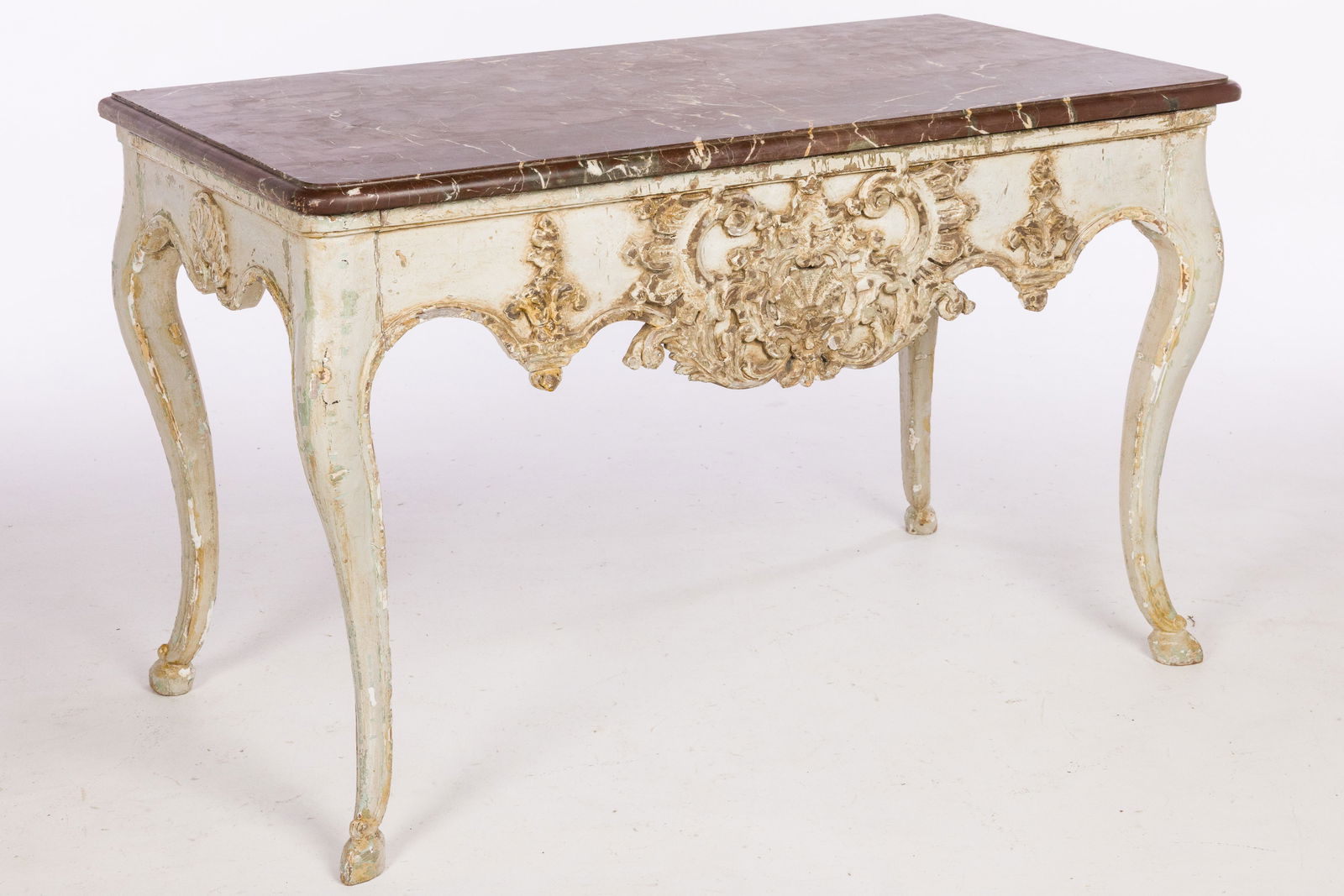 Continental Rococo Marble Top Console Table, 18th C: Property from a Private Collection Richmond Hill, GA Description: Continental Rococo Painted Marble Top Console Table, 18th Century, the marble top above a shell-carved frieze raised on cabriole l