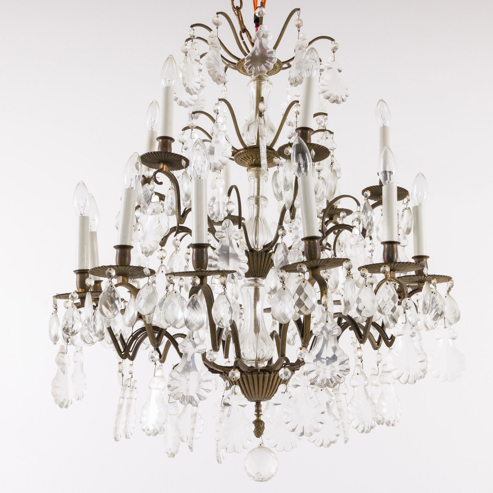 French Style Wrought Iron & Glass 18 LightChandelier: Property from a Private Collector, Savannah, GA Description: French Style Wrought Iron and Glass 18 Light Chandelier, the upper tier issuing 6 candlearms, the lower tier issuing 12 candlearms. <