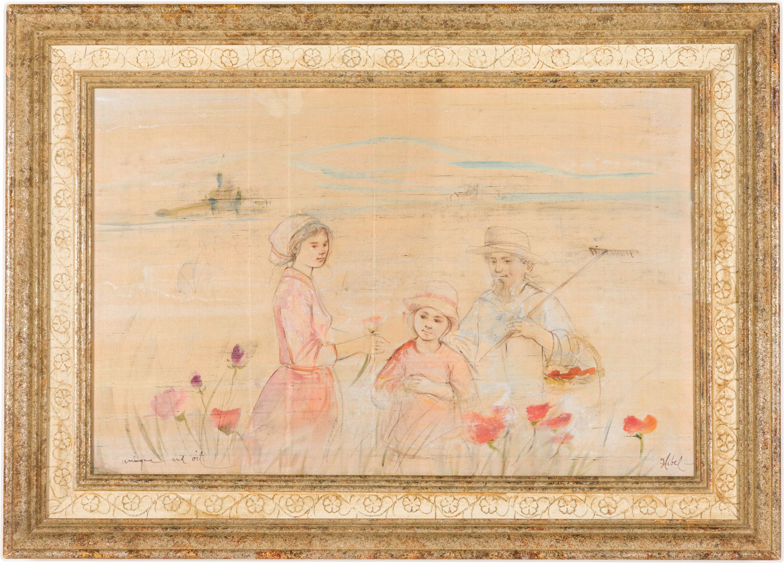 Edna Hibel (MA, 1917-2014) In the Fields, Lithograph: Description: Edna Hibel (MA, 1917-2014), In the Fields, Lithograph with Oil and Conte, signed lower right corner and inscribed lower left corner, with artist bio on verso, depicting three figures