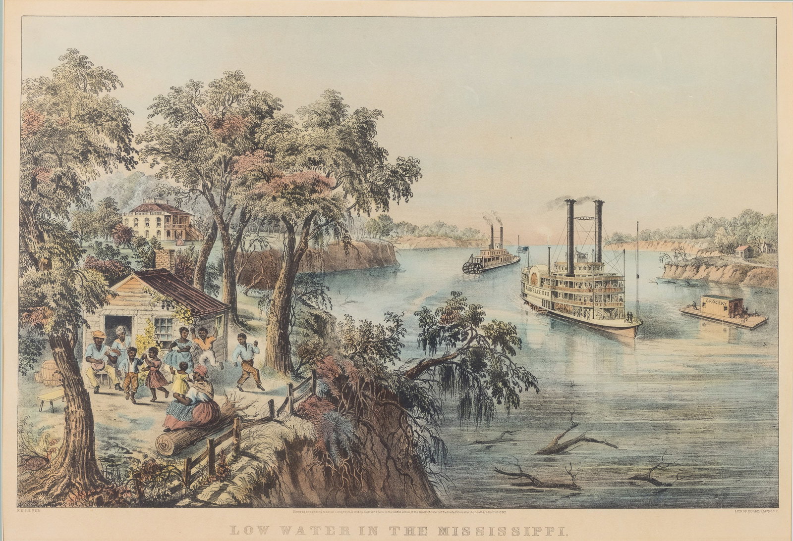 Currier & Ives, Low Water in the Mississippi, Litho: Description: , titled lower center, marked across bottom 'F.E. Palmer, Entered according to Act of Congress, AD 1868, by Currier & Ives, in the Clerk's Office, of the District Court of the United