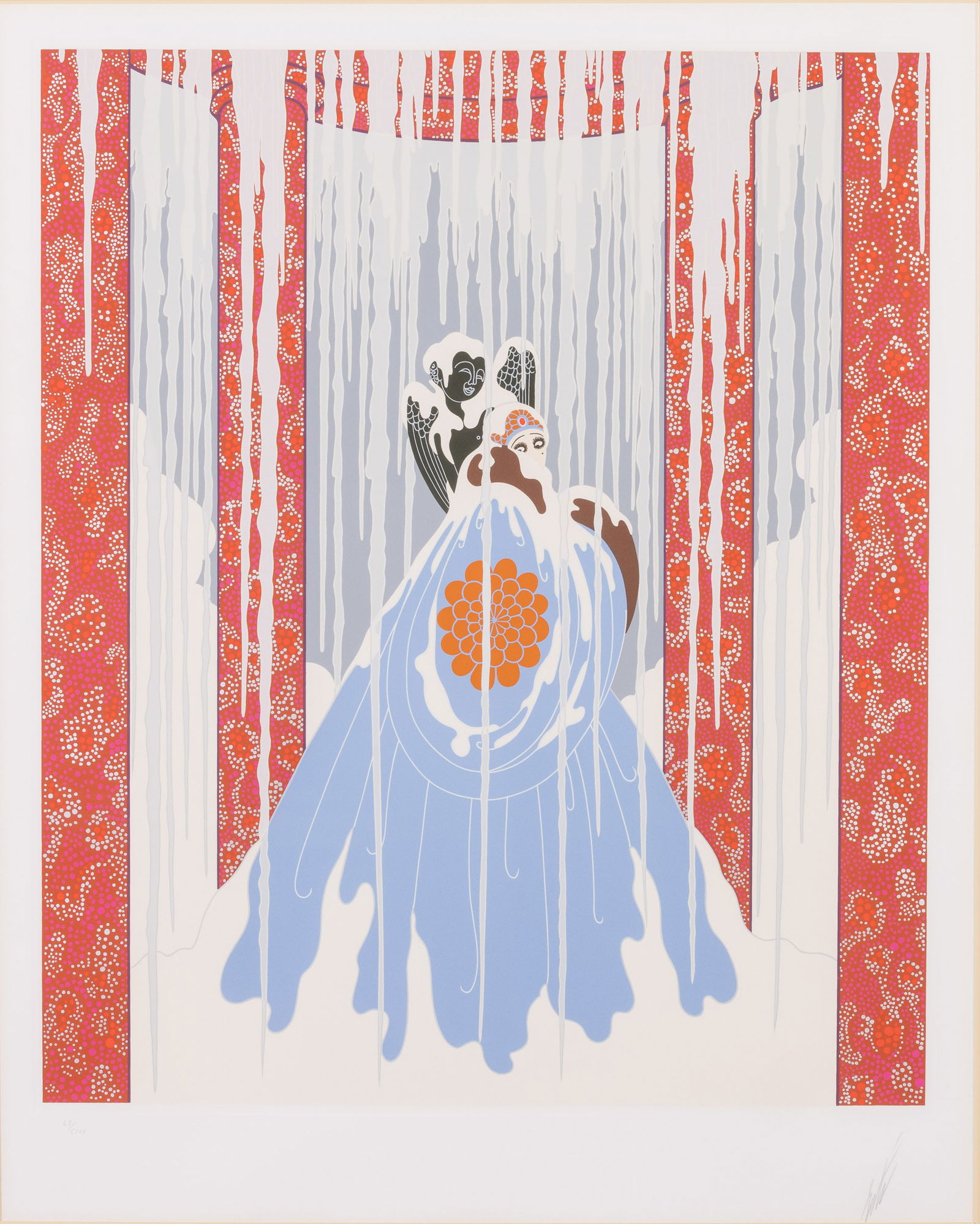 Erte (1892-1990), Love's Captive, Serigraph, 1985: Property of a Private Collector, Bluffton, SC Description: , pencil signed and numbered 'LI/CXXV' lower edge, depicting a woman in large blue cloak with snow and icicles around her and a cupid sta