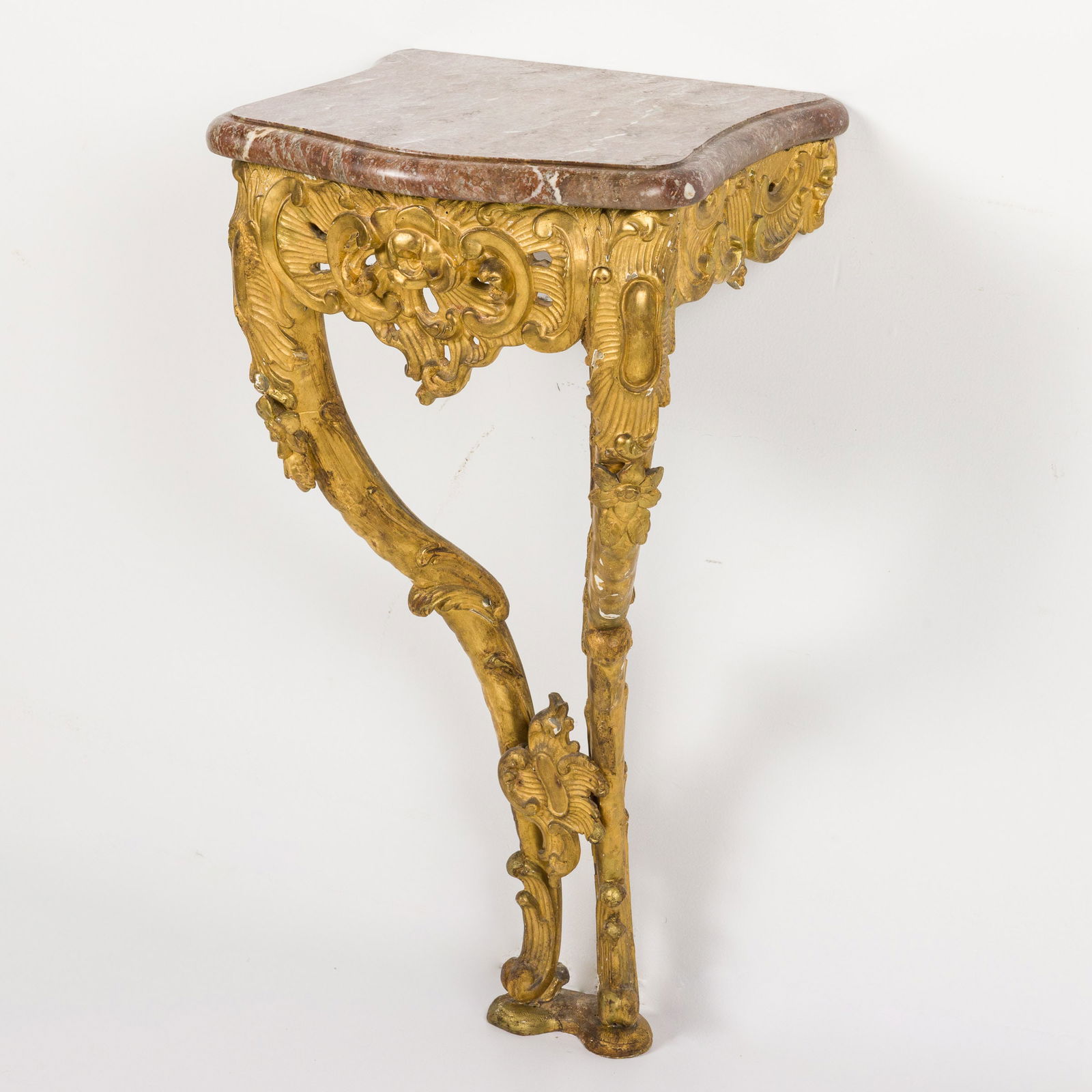 Louis XV Giltwood Marble Top Console Table, 18th C: Property from a Private Collection Richmond Hill, GA Description: Louis XV Giltwood Marble Top Small Console Table, 18th Century, with marble top and pierced frieze on cabriole supports.