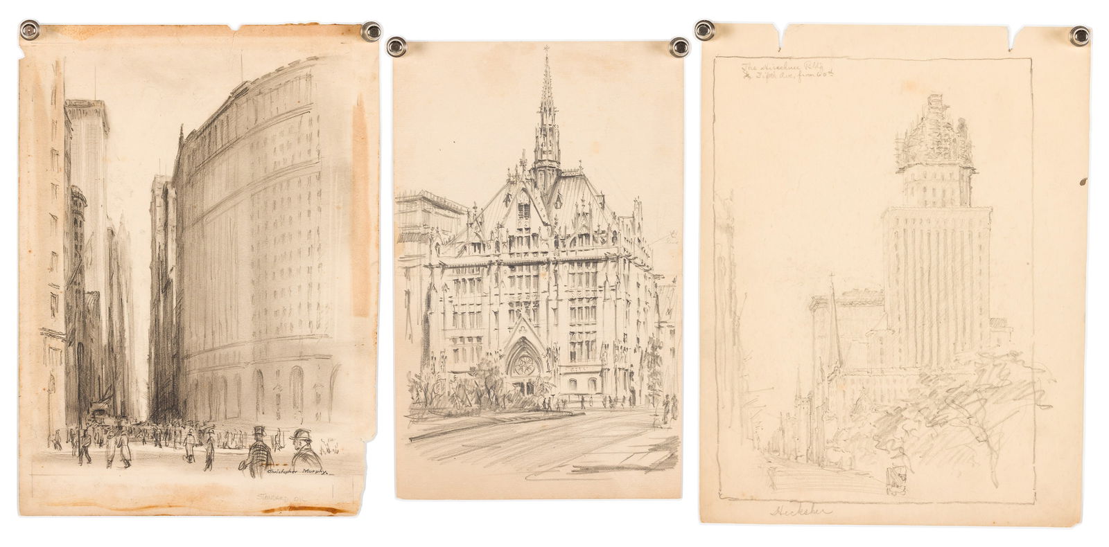 3 Christopher Murphy Jr. (Sav, 1902-1973) Sketches: Property from the Virginia and John Duncan Collection, Savannah, GA Description: Three Christopher Murphy Jr. (Savannah, 1902-1973) Sketches, comprising a 11 in. x 8 1/2 in. graphite sketch of New