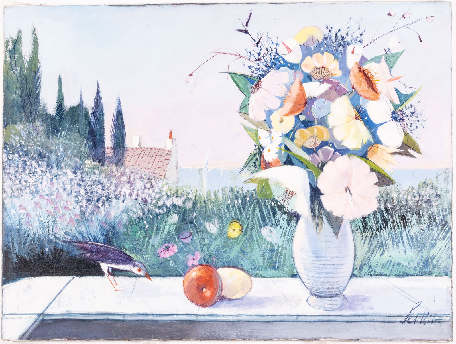 Charles Levier (French, 1920-2003), Le Balcon, O/C: Property from a Collector of Russian and European Art Description: Charles Levier (French, 1920-2003), Le Balcon, Oil on Canvas, signed lower right, signed and titled verso, depicting a bird, frui