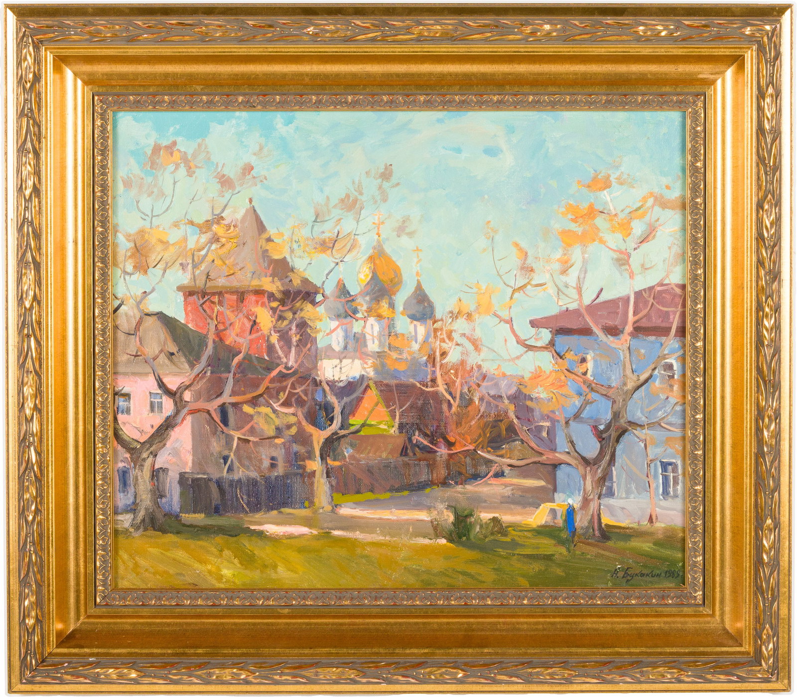 Bukakin (Russian, 20th C), The Church, Oil on Canvas: Property from a Collector of Russian and European Art Description: Bukakin (Russian, 20th C), The Church, Oil on Canvas, signed and dated 1989 lower right corner and on verso, depicting trees and