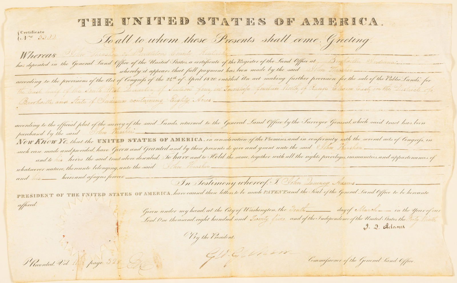 John Quincy Adams Signed Indiana Land Grant, 1825 (1 of 14)