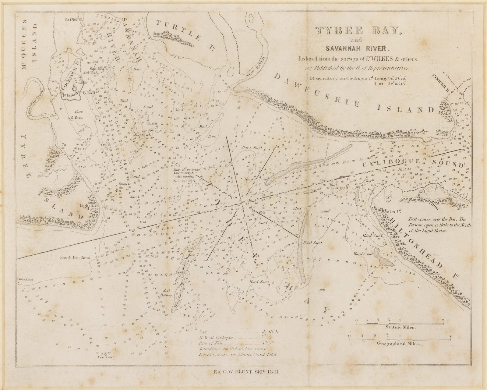 Tybee Bay and Savannah River Survey, c. 1841: Property from a Savannah Estate Description: Tybee Bay and Savannah River Survey, c. 1841, titled 'Tybee Bay and Savannah River, reduced from the surveys of Lt. Wilkes & Others' upper right, inscr