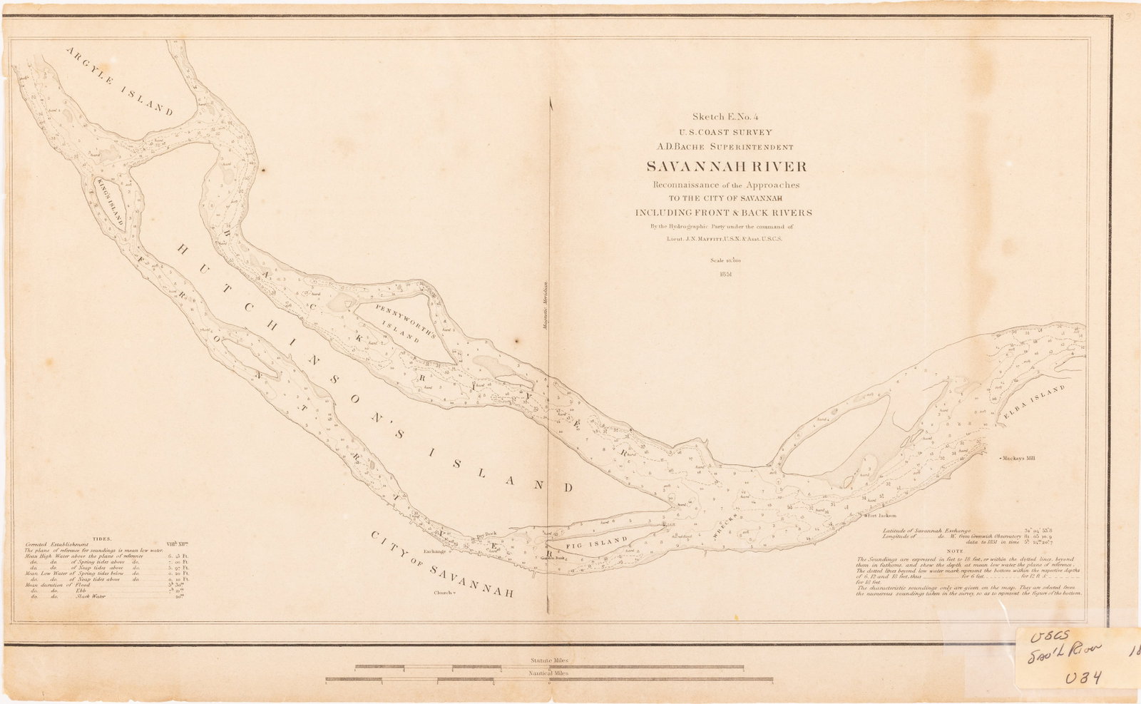 US Coast Survey of the Savannah River, c. 1851: Property from a Savannah Estate Description: US Coast Survey of the Savannah River, c. 1851, Sketch E. No. 4 US Coast Survey A. D. Bache Superintendent, featuring Hutchinson's Island, Fort Jackson