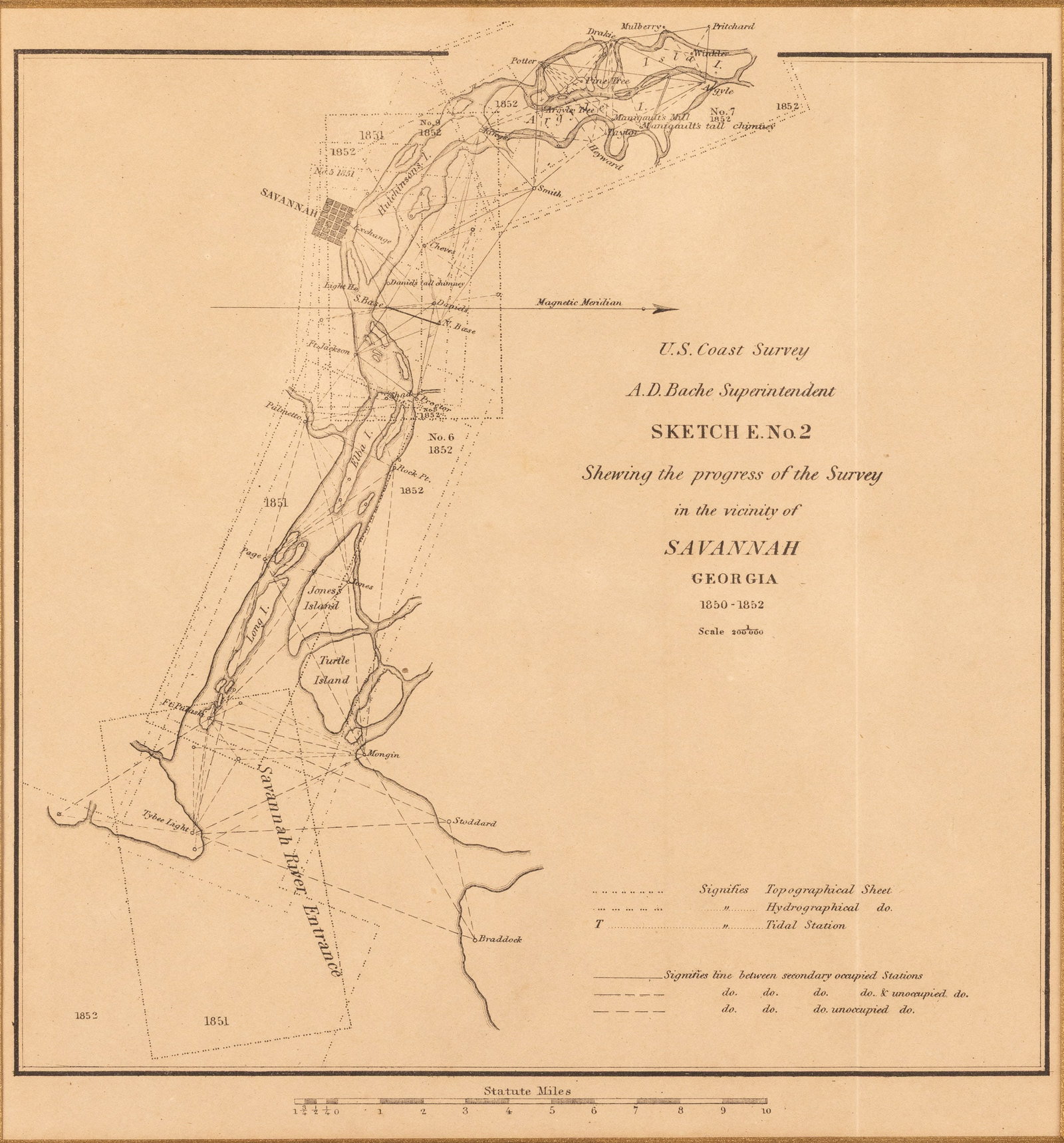 Savannah Sketch E No 2, US Coast Survey, 1850-52: Property from a Savannah Estate Description: Savannah Sketch E No 2, US Coast Survey, 1850-52, A. D. Bache Superintendent, with key in lower right corner, matted. Mat size 15 1/2 in. x 14 1/8 in.