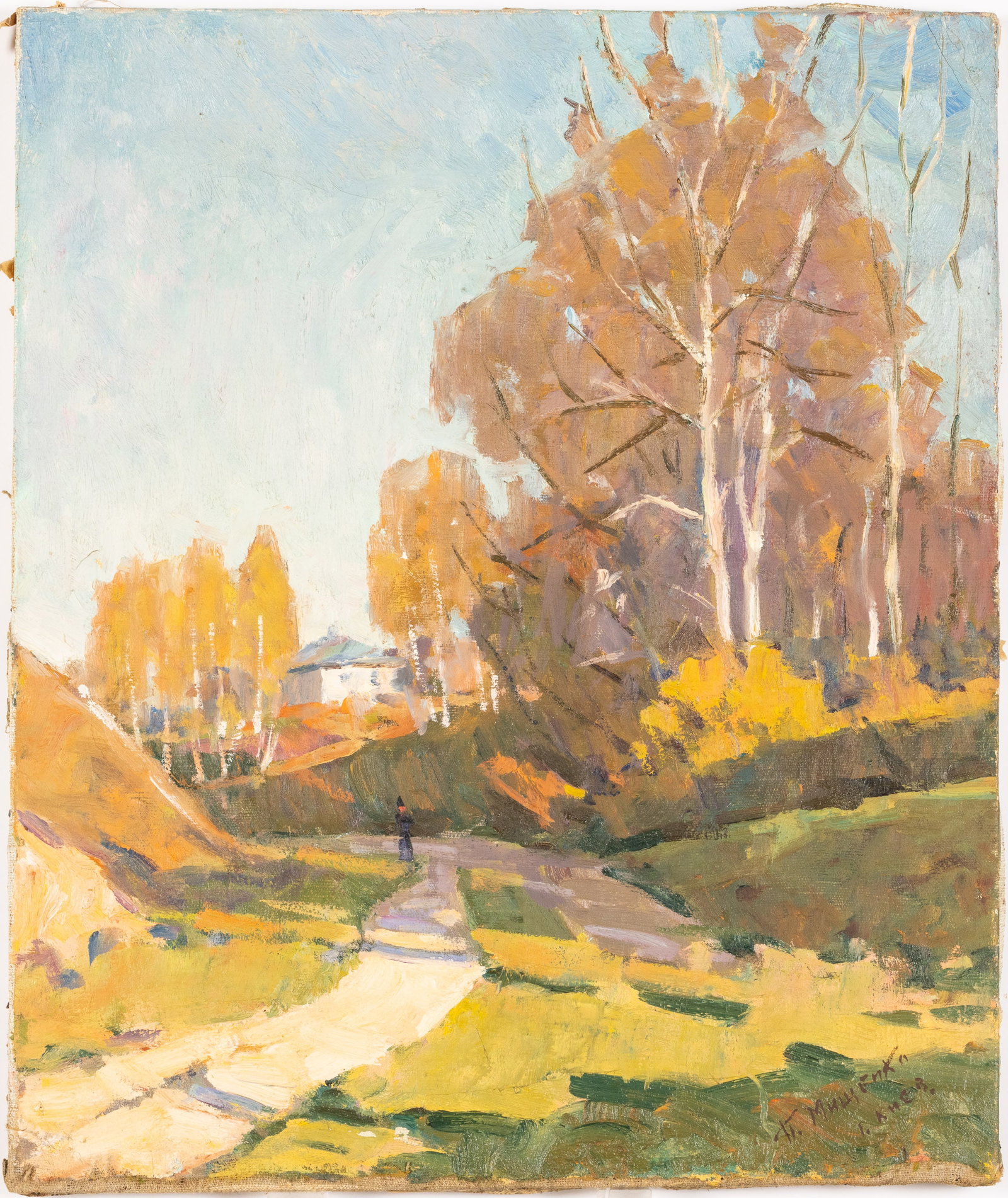 Mischtschenko (Russian, 20th C), On the Lawn, O/C: Property from a Collector of Russian and European Art Description: Mischtschenko (Russian, 20th C), On the Lawn, Oil on Canvas, signed lower right corner, depicting a field during fall with a hous