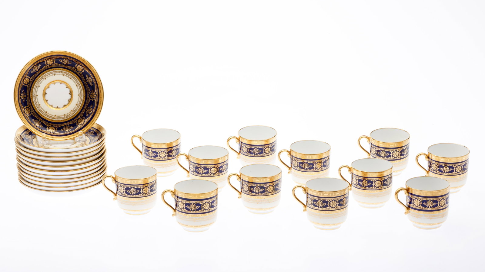 12 Tiffany Porcelain Demitasse Cups and Saucers: Property from a Private Collector, Savannah, GA Description: Set of 12 Tiffany Porcelain Demitasse Cups and Saucers, comprising 12 demitasse cups and 12 saucers, all marked in purple 'Tiffany & Co
