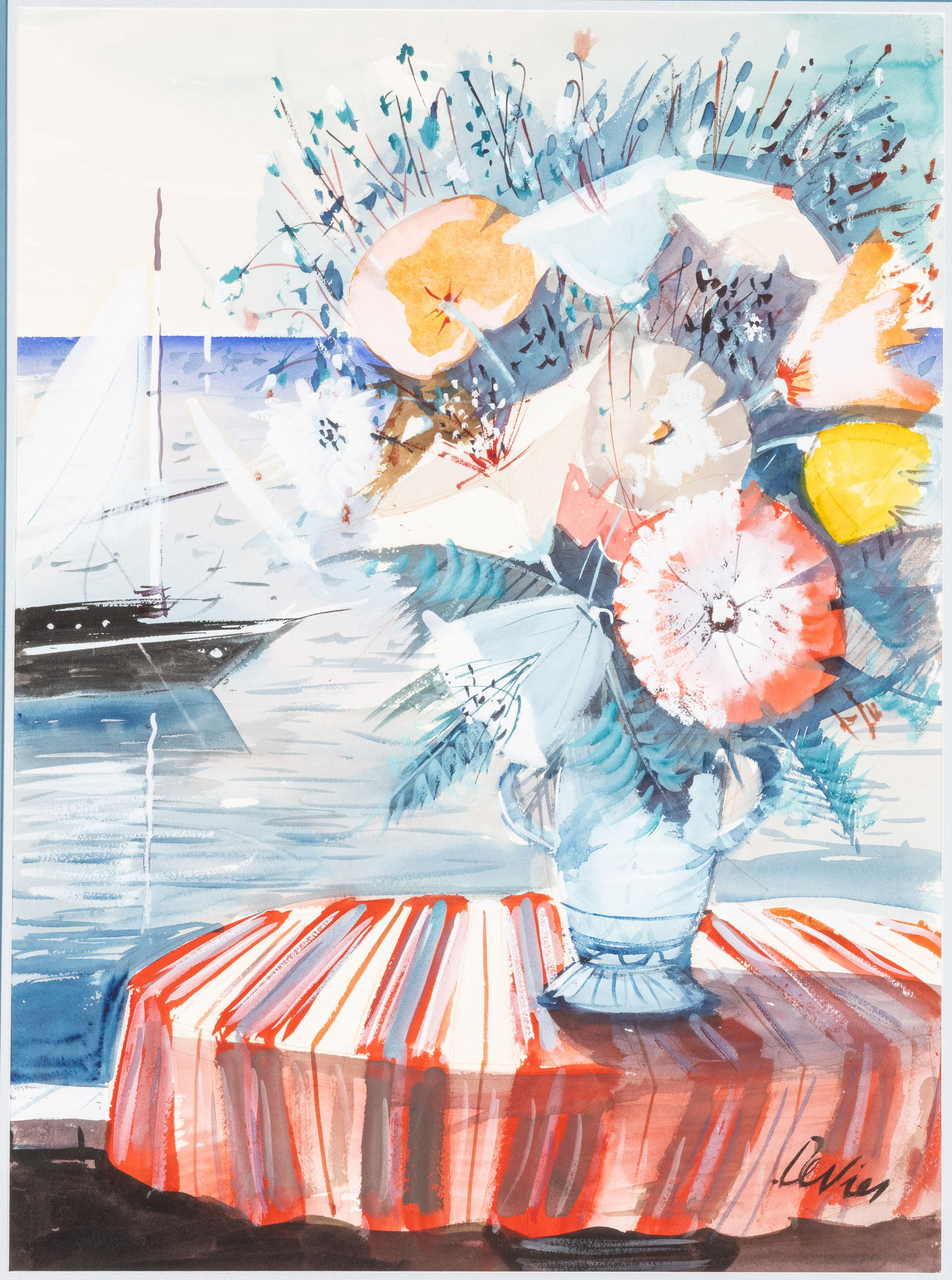 Charles Levier (1920-2003), Floral Still Life, W/C: Property from a Collector of Russian and European Art Description: Charles Levier (French, 1920-2003), Floral Still Life with Sail Boat, Watercolor, signed lower right, Arches watermark upper righ