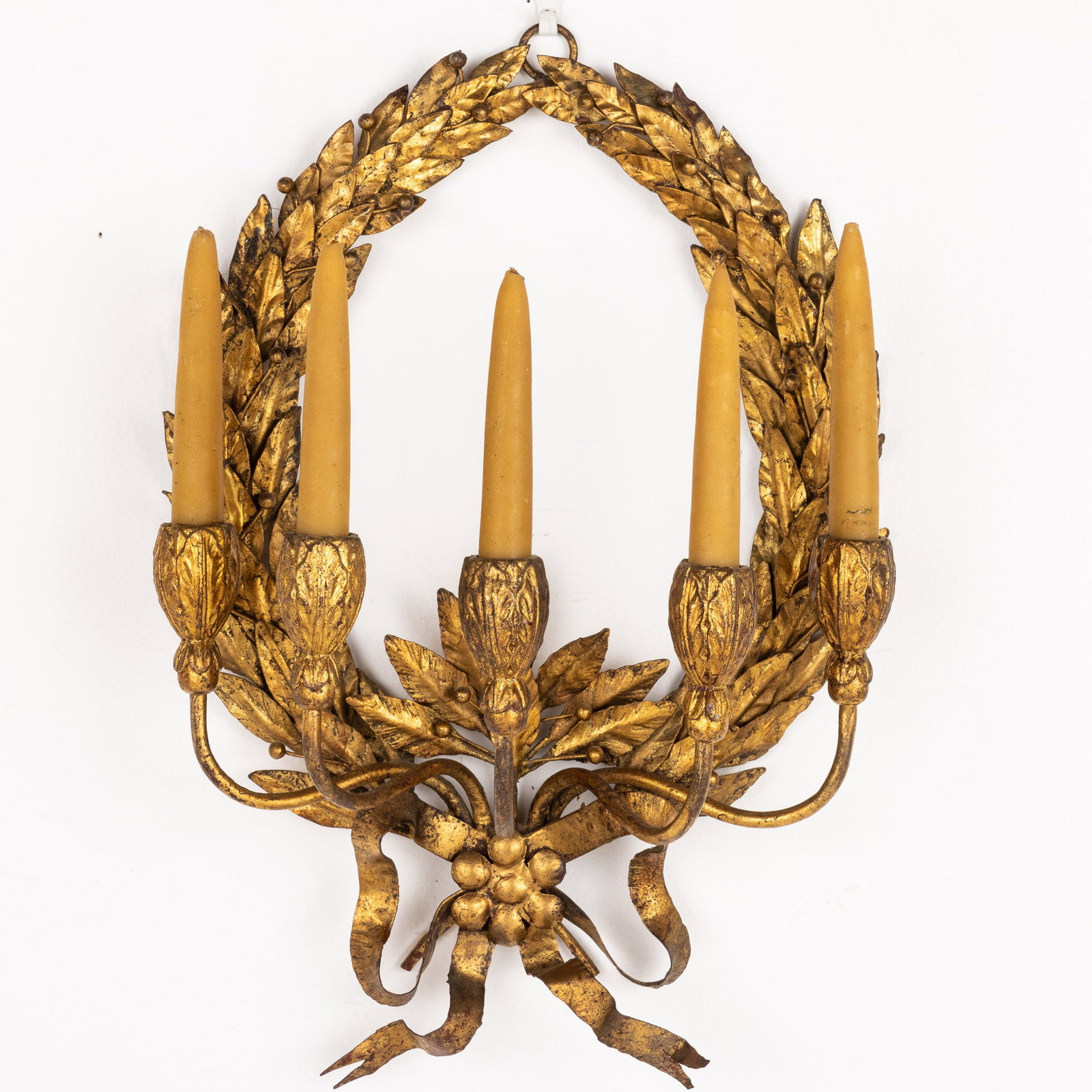 Gilt Metal 5-Light Wreath Sconce: Property of a Private Collector, Savannah, GA Description: Gilt Metal 5-Light Wreath Sconce, with bow at the base. Measurements: Height: 20 in. x Width: 13 1/8 in. x Depth: 7 in