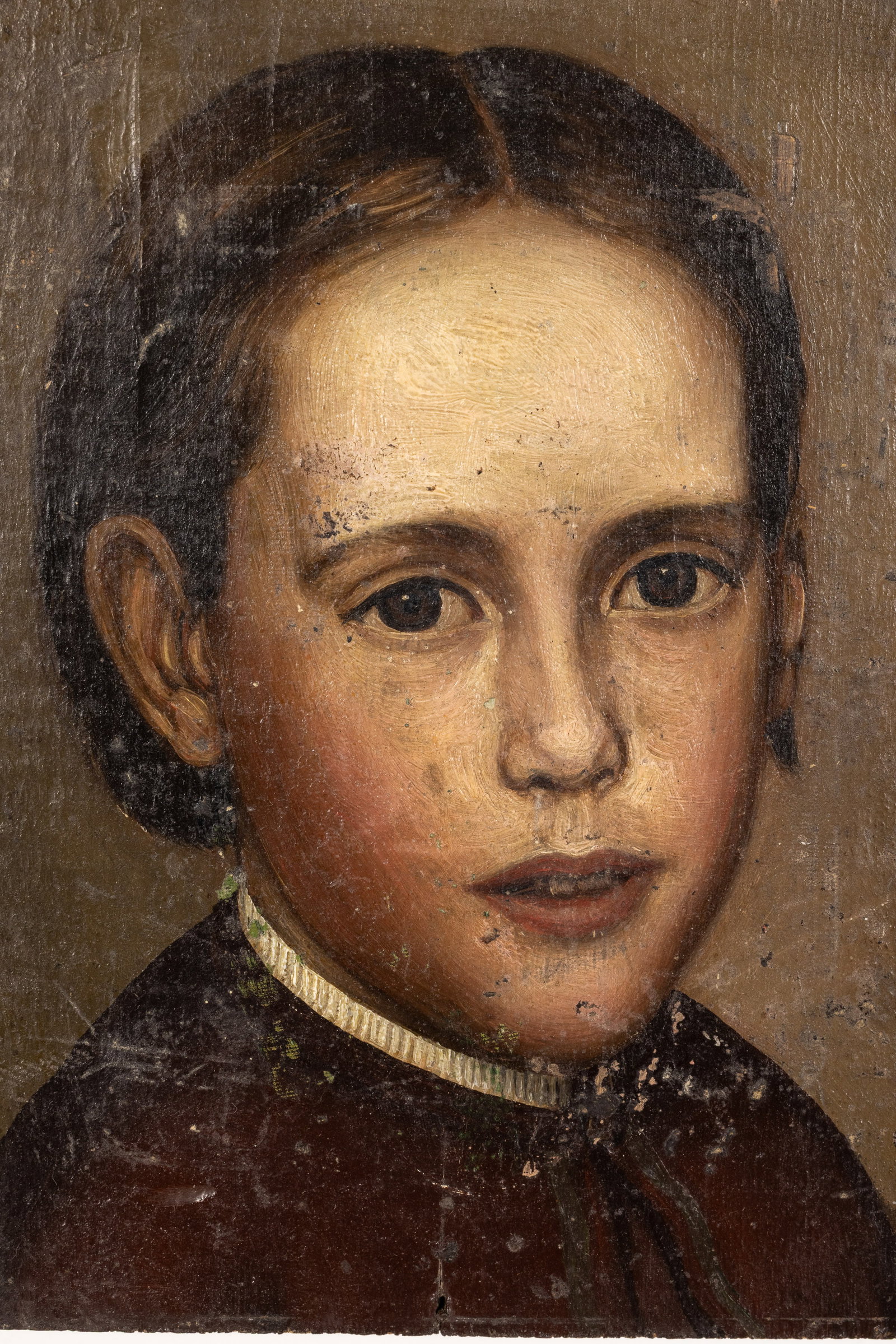 Folk Art Portrait of a Boy, Oil on Board: Description: Folk Art Portrait of a Boy, Oil on Board, unsigned, inscribed 'Painted from life Jan. 1867, 2 sittings' on verso, depicting a young boy in red shirt, unframed. Measurements