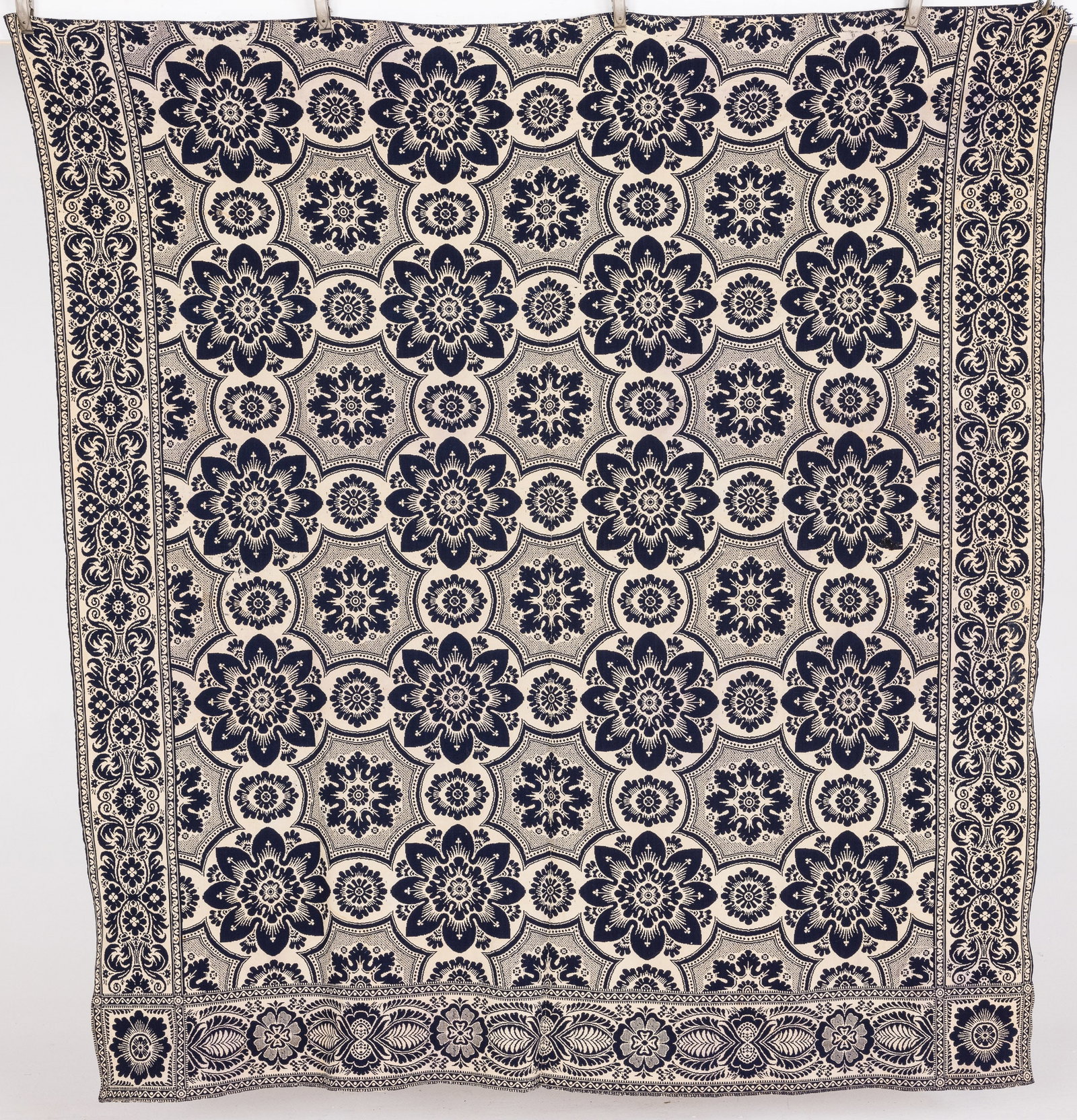 American Blue and Cream Jaccard Coverlet, 19th C: Description: . Measurements: Height: 7 ft. 2 1/2 in. x Width: 6 ft. 2 1/2 in.
