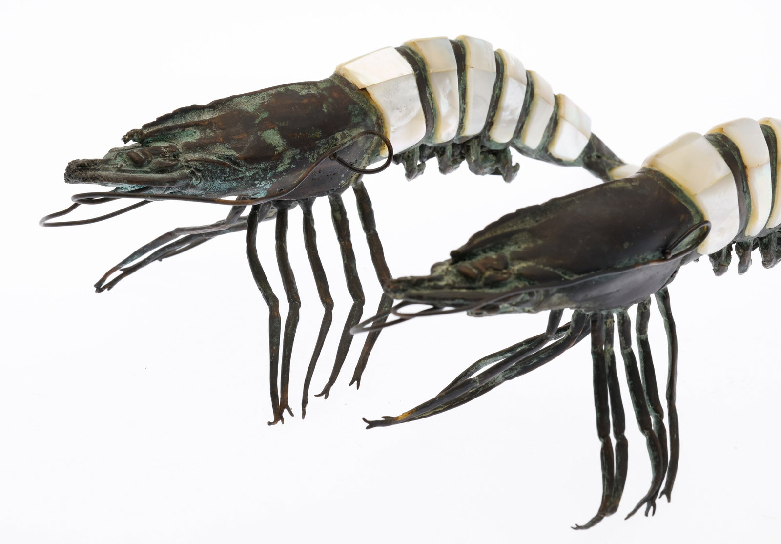 Two Bronze and Mother-of-Pearl Tiger Shrimp: Description: Two Bronze and Mother-of-Pearl Tiger Shrimp, unmarked, pair of bronze shrimp with mother-of-pearl tails. Measurements: Height: of each 3 1/2 in. x Width: 10 in. x
