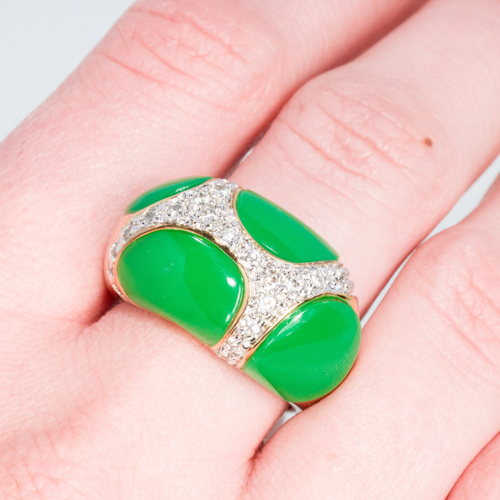 14K Gold and Diamond Dome Ring: Property from a Private Collection, Jacksonville, FL Description: 14K Gold and Diamond Dome Ring, 14K yellow gold band with green glass inserts and pave set diamonds, hallmarked Thailand, gold unm