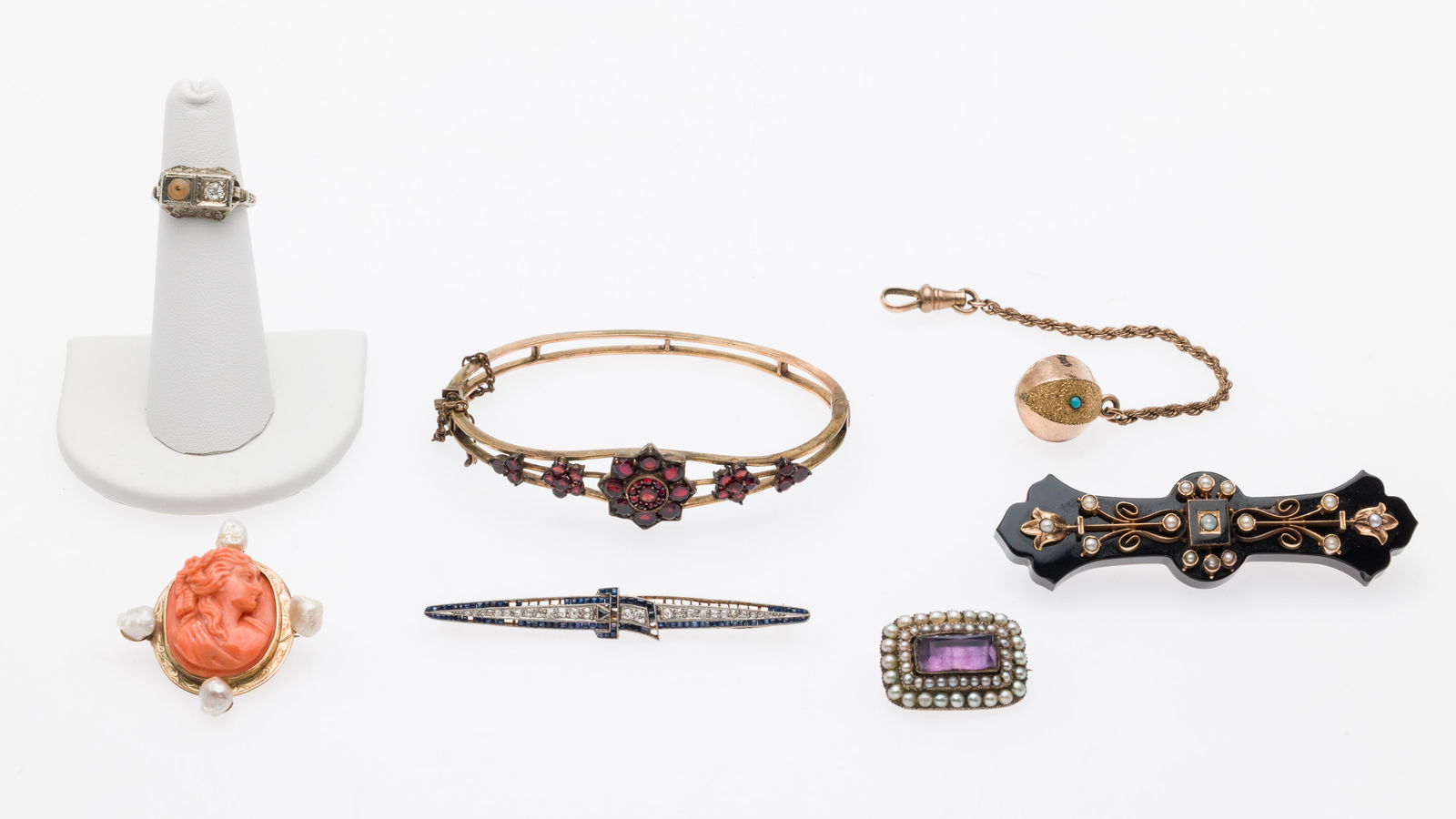 Group of Gold Victorian Jewelry, 7 pcs.: Description: Group of Gold Victorian Jewelry, 7 pcs. , including a ladies 10K and garnet bangle bracelet (11.83 grams); 18K white gold ring with old European cut diamond (approx. 3.2 mm, 0.15 cts