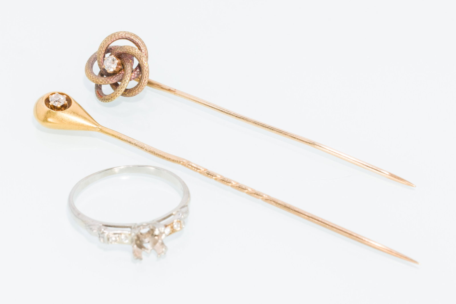 Vintage 14K & Diamond Engagement Ring & 2 Pins: Property of a Private Collector, Savannah, GA Description: Vintage Ladies 14K & Diamond Engagement Ring & 2 Stick Pins, two vintage stick pins along with 14K white gold ladies engagement ring. The