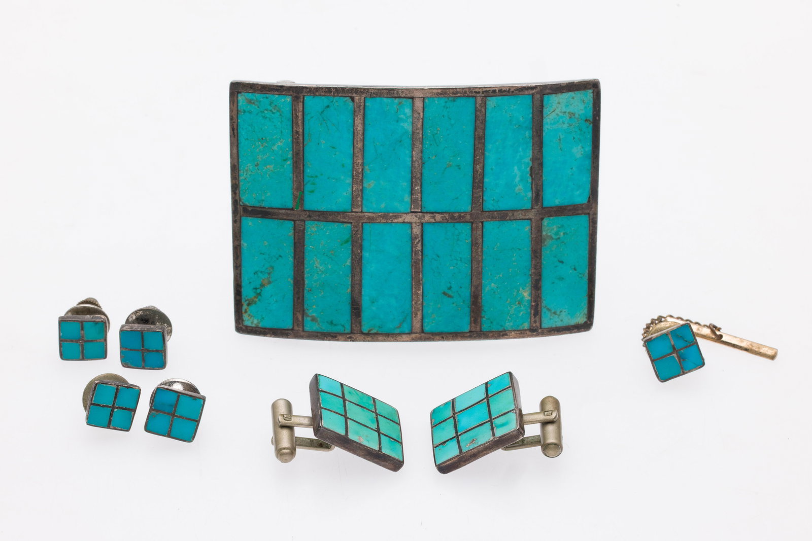 Navajo Silver and Turquoise Men's Set, 8 Pcs.: Description: Navajo Silver and Turquoise Men's Set, 8 Pcs., comprising a belt buckle marked 'DW, 95' on back (lacking tab on back), cuff links, and 5 button pins. Measurements: