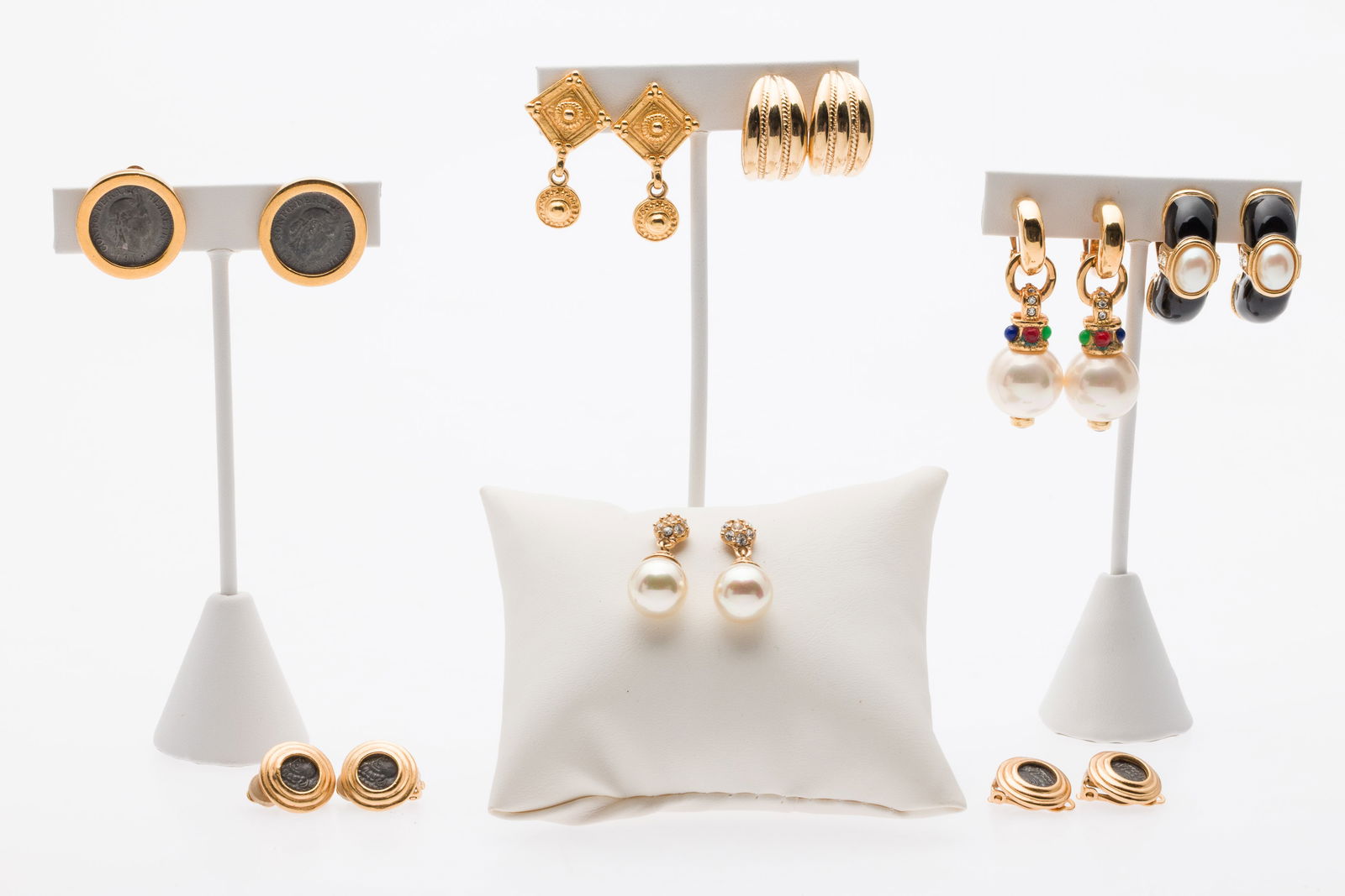 Group of 8 Costume Jewelry Earrings, Incl. Givenchy: Property of a Savannah Estate Description: Group of 8 Costume Jewelry Earrings, Including Givenchy, comprising a pair of Givenchy gold tone hoop clip earrings, marked on backs; a pair of gold tone