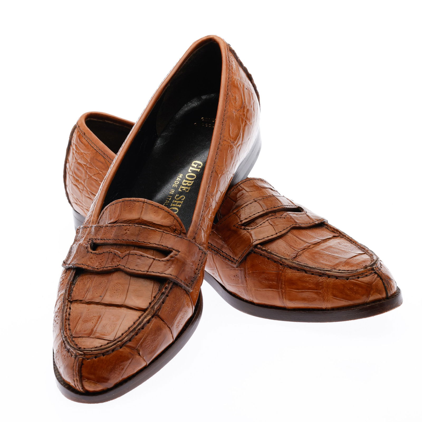 Pair of Women's Crocodile Loafers, Size 8.5: Description: Pair of Women's Crocodile Loafers, Size 8.5, Globe Shoes genuine crocodile loafers with pointed toe box and wooden soles together with box, size 8.5. Measurements: