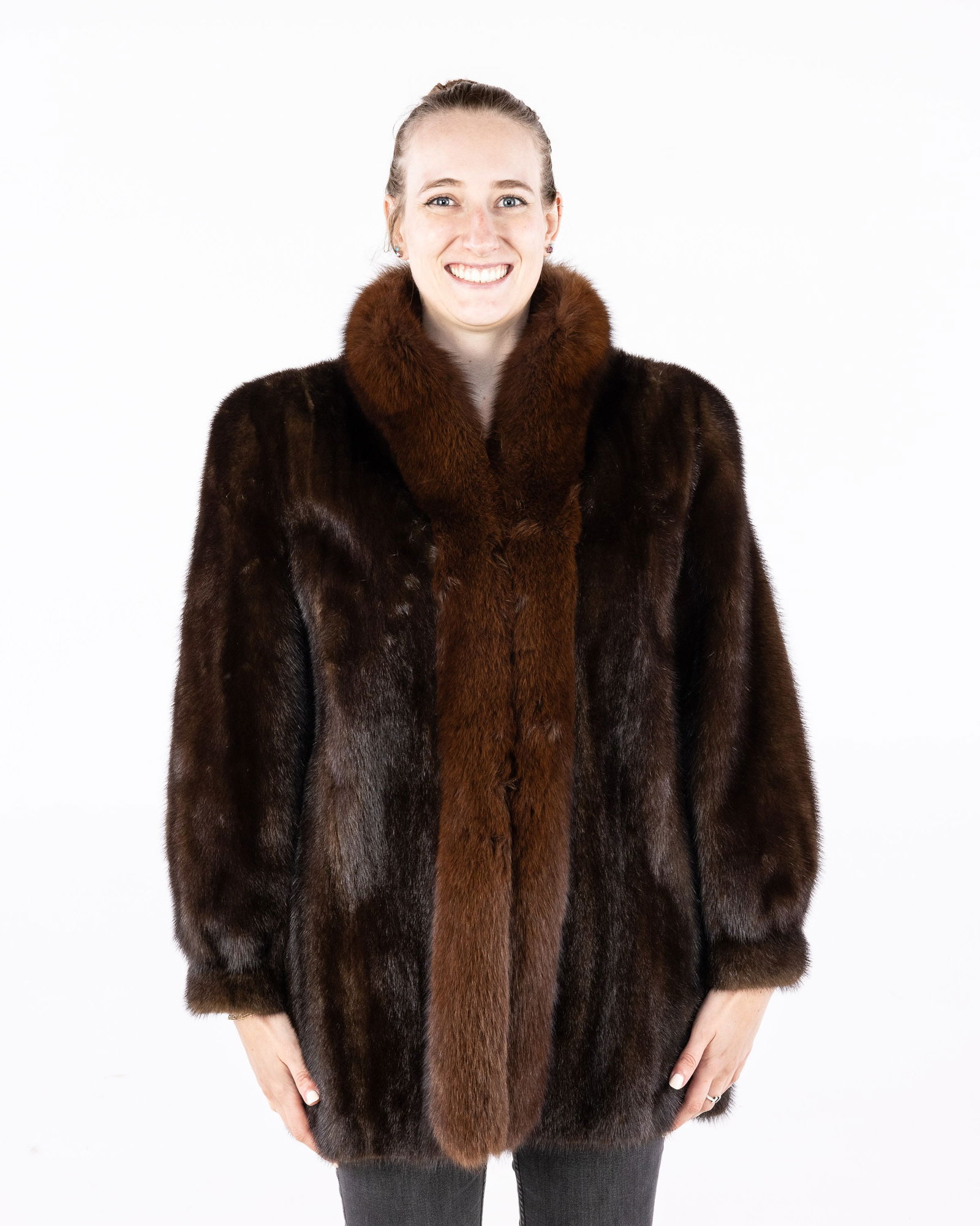 Mink Jacket: Description: Mink Jacket, Saga Mink brown and black jacket, size 16, with Bemberg lining. Measurements: Size: 16
