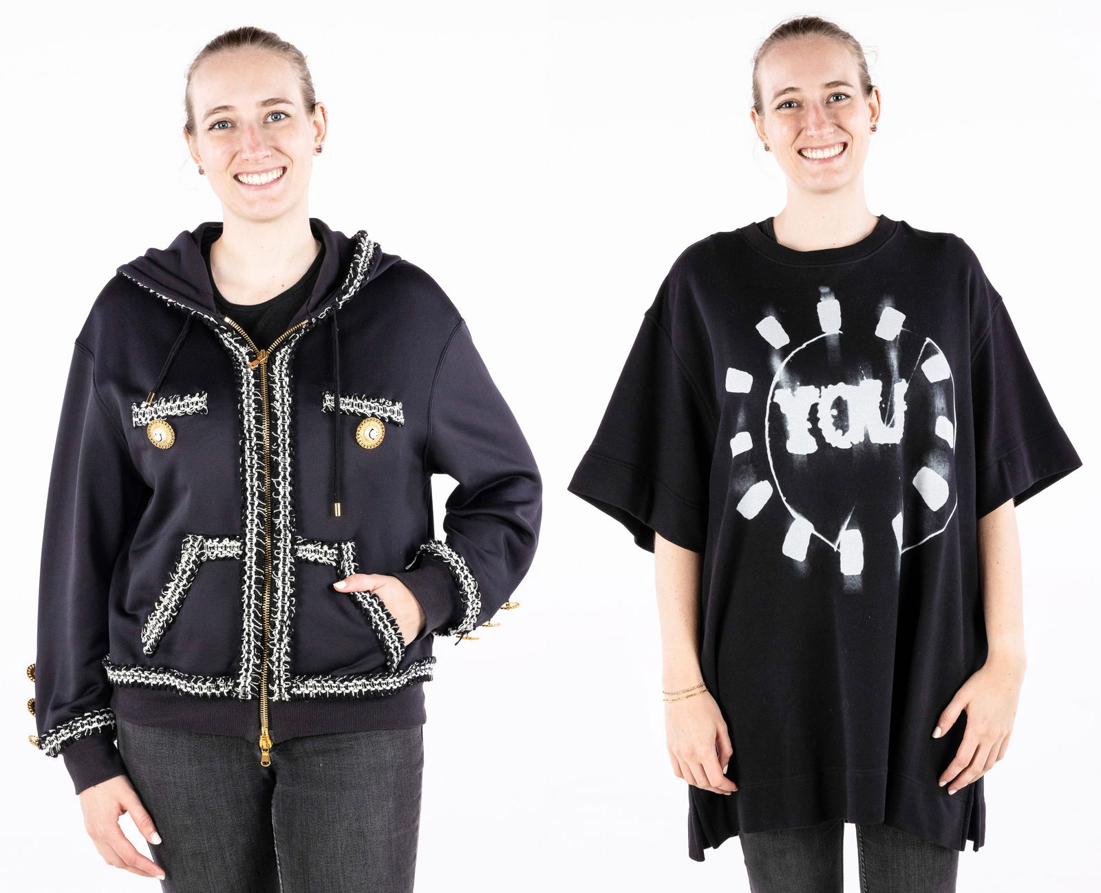 Moschino Couture Jacket & Dries Van Noten Dress: Property of a Private Collector, Savannah, GA Description: Moschino Couture Hooded Black Jacket and Dries Van Noten T-Shirt Dress, comprising a Moschino Couture hooded black jacket with gold tone