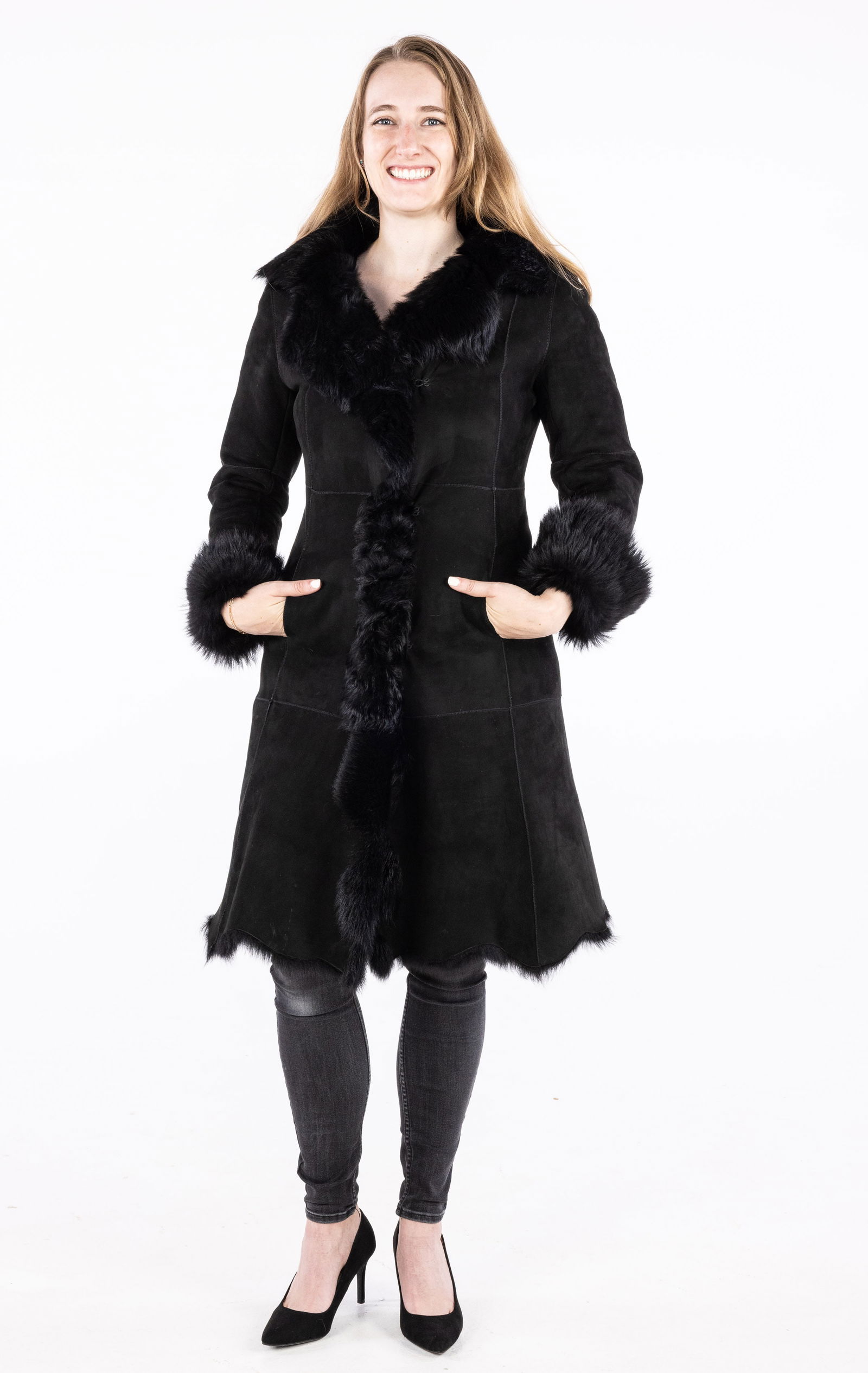 Andrew Marc Shearling Coat: Description: Andrew Marc Shearling Coat, Black lamb shearling coat with Spanish fur interior and front hidden latch closures with trench coat style collar and square stitching design throughout.