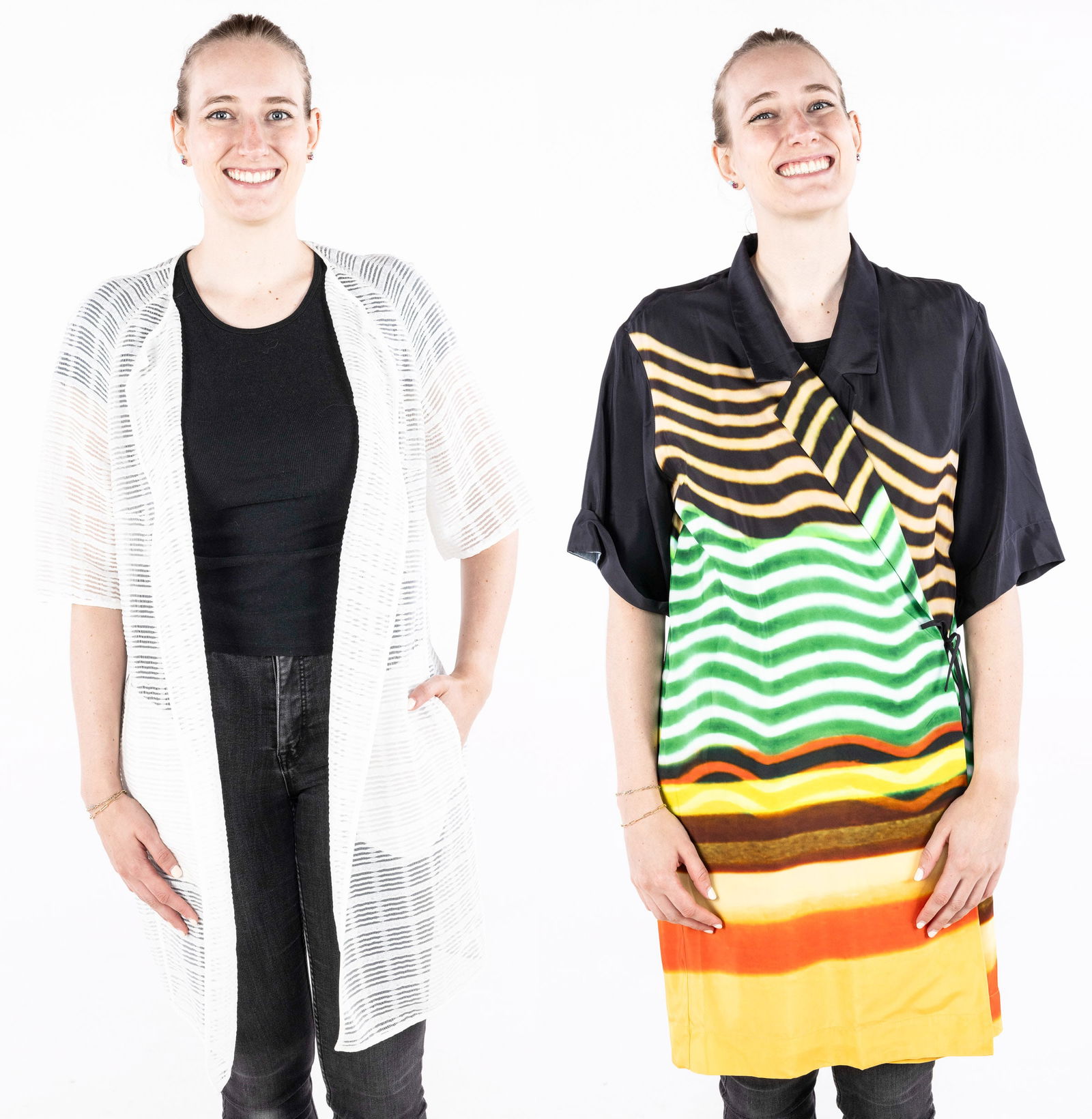 Dries Van Noten Robe and Akris Jacket: Property of a Private Collector, Savannah, GA Description: Len Lye for Dries Van Noten Short Sleeve Robe and Akris Silk, Cotton, and Wool Short Sleeve Jacket, comprising a Len Lye for Dries Van No