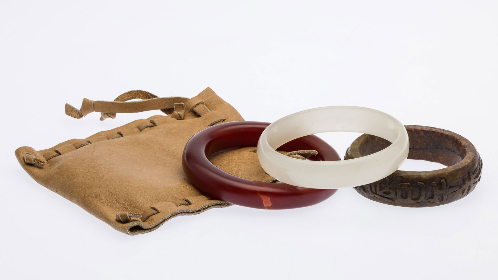 Two Hardstone Bangles & Jade Bangle w Leather Pouch (1 of 8)
