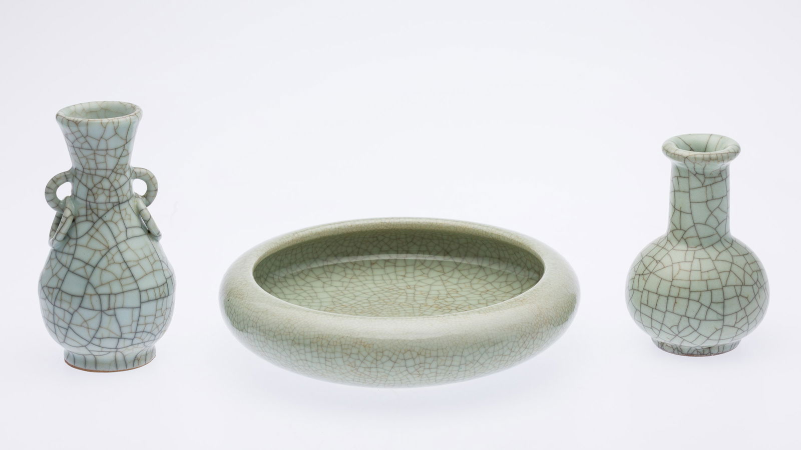 Two Small Celadon Crackle Glazed Vases and Low Bowl (1 of 12)