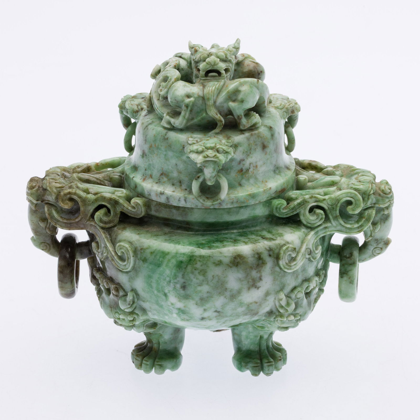 Chinese Green Jade Lidded Censer on Stand: Property from the Estate of Arthur B. Kouwenhoven Jr., Savannah, GADescription: Chinese Green Jade Lidded Censer on Stand, carved with dragons and mythical creatures, on three feet, further on a
