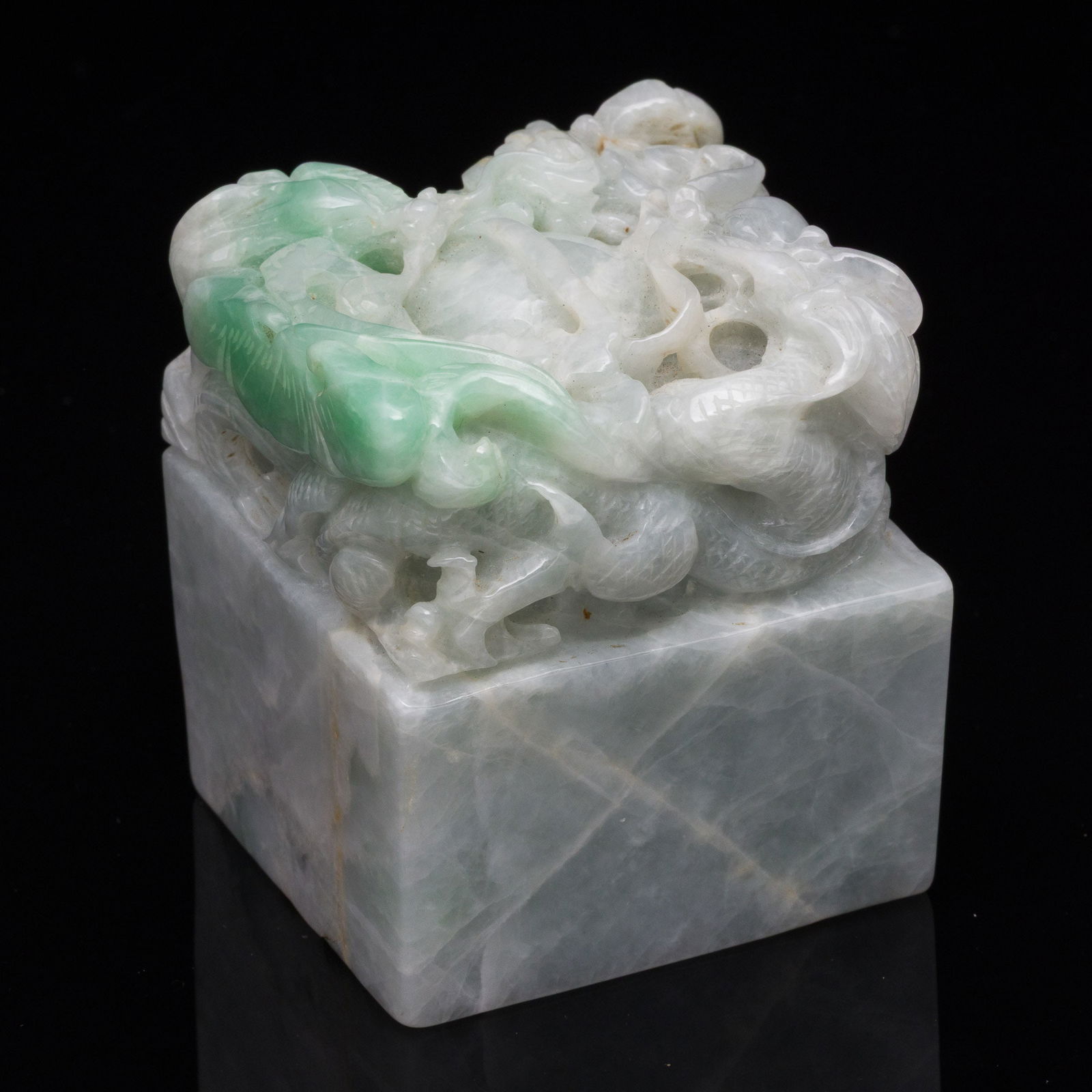 Chinese Carved Jadeite Dragon Stamp: Property from the Estate of Arthur B. Kouwenhoven Jr., Savannah, GADescription: Chinese Carved Jadeite Dragon Stamp, square jadeite stamp carved with two dragons on top.Measurements: Height: 2 1/2