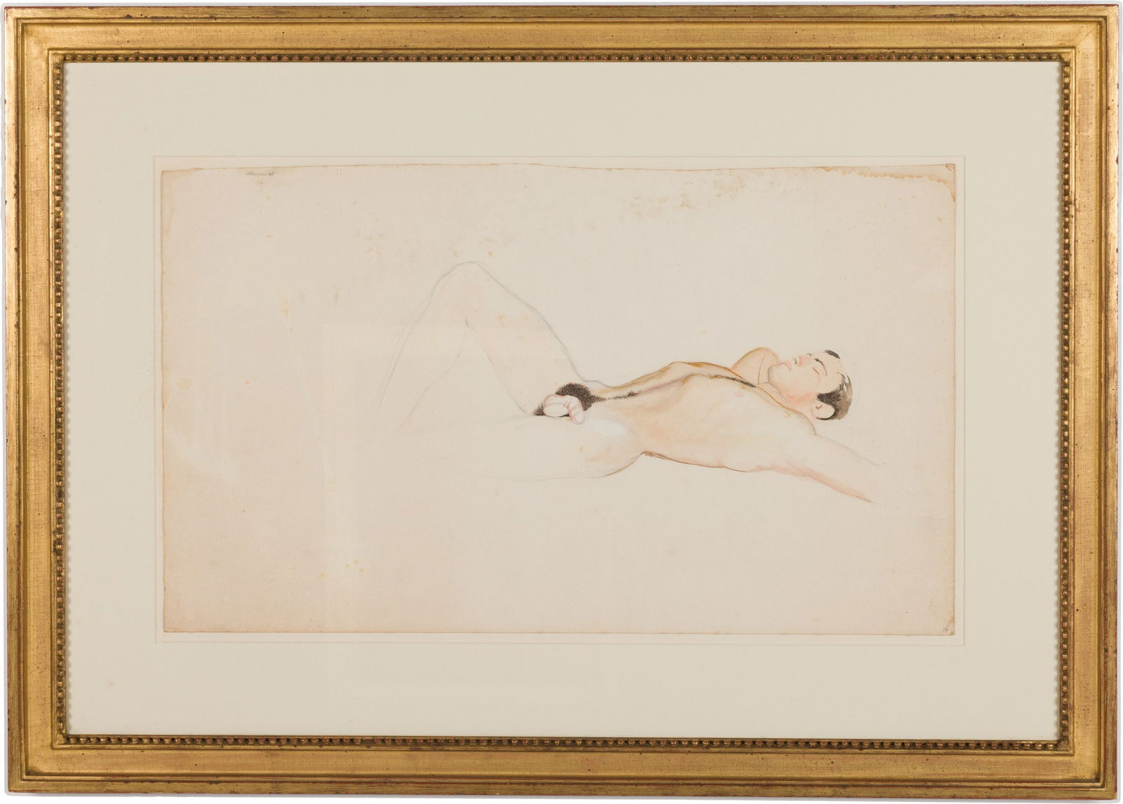 Paul Stone (GA, 1928-1976) Double Sided Figure Study: Property from the Estate of Arthur B. Kouwenhoven Jr., Savannah, GA Description: Paul Goadby Stone (GA/NC/MA, 1928-1976), Double Sided: Reclining Male Nude and Figure Studies, Watercolor and Penci