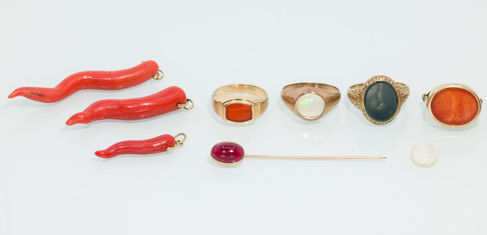 Group of Gold, Coral and Stone Jewelry, 8 pcs.: Property from the Estate of Arthur B. Kouwenhoven Jr., Savannah, GADescription: Group of Gold, Coral and Stone Jewelry, 8 pcs., comprising a gold and heliotrope ring, size 10.75 (marked '333, AMG',