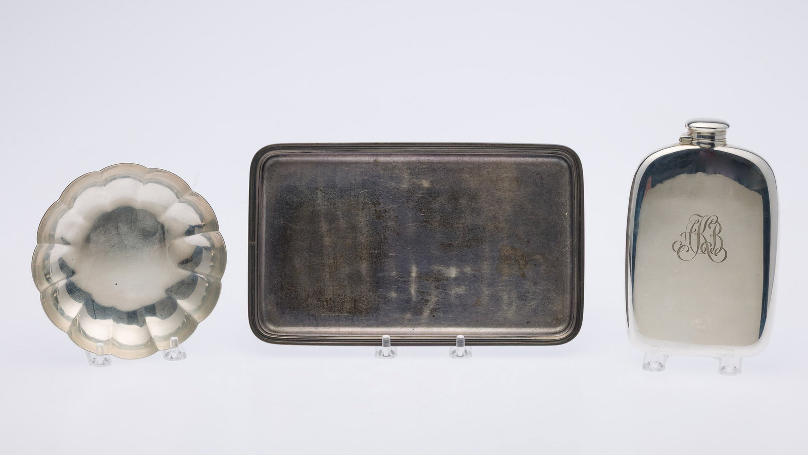 Tiffany Sterling Flask, Scalloped Bowl & Small Tray (1 of 11)